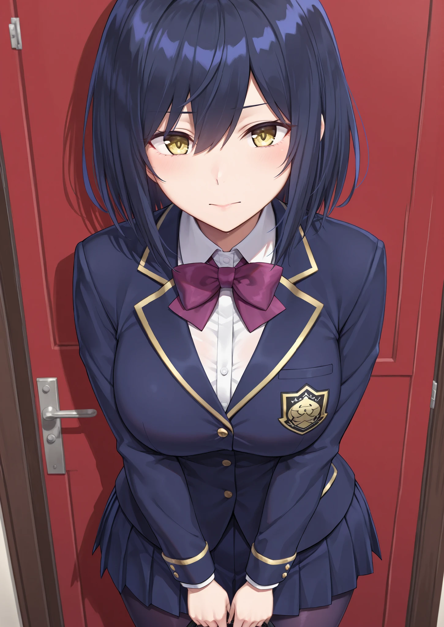 solo,masterpiece,best quality,super fine illustration、finely detail 、clear picture、UHD、HDR, amazing quality, highres, absurdres, very aesthetic, high resolution, ultra detailed, perfect details,(masterpiece, detailed:1.2),nijirin,medium breasts,yellow eyes,blue hair,black hair,medium hair,nijirincos,white shirt,collared shirt,purple bowtie,blazer jacket,blue jacket,closed jacket,blue skirt,miniskirt,pleated skirt,dark blue pantyhose,mature female