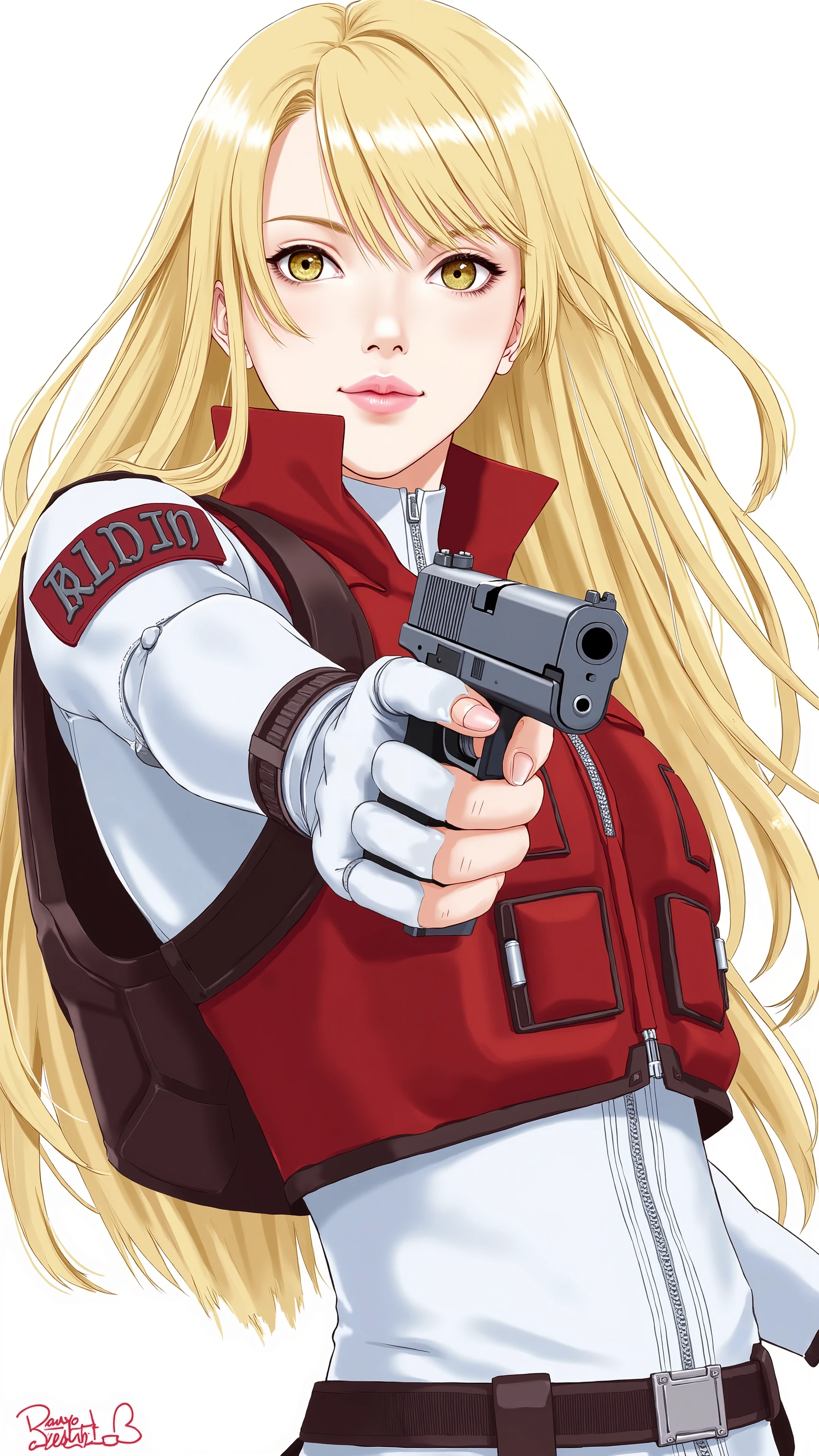 in high-definition images、(masterpiece、 exceptional quality 、Like a mirror、 cinematic experience 、very detailed、)、8k、wallpaper、(Best Illustrations:2.0)、(one woman:2.0)、(Motoko Kusanagi:2.0)、(a world view like Ghost in the Shell:2.0)、(white tactical bodysuit:2.0)、(heavy red bulletproof vest:2.0)、(white gloves:2.0)、(long hair per person)、(beautiful eyes)、(detailed face)、(detailed drawing of a woman's hand:2.0)、(blonde)、(How she shoots、a handgun facing us):2.0)(The background is Tokyo、where science and technology developed:2.0)、(a handgun with a laser pointer under the muzzle:2.0)、(please point the red laser pointer on the pistol:2.0)