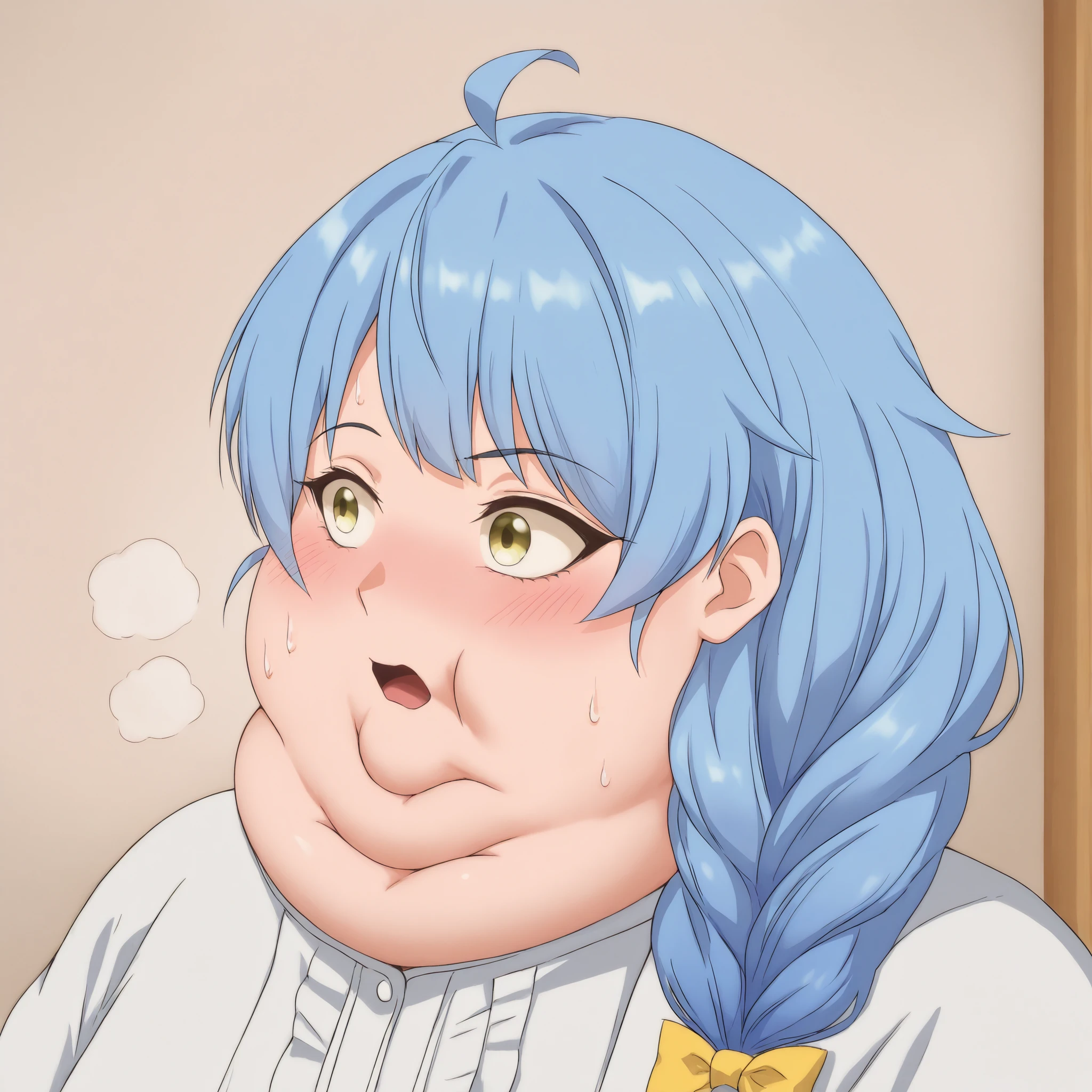  masterpiece, best quality, aparida rain, long hair, bangs, green eyes, blue hair, yellow eyes, braid, ahoge, hair bow, grey eyes, single braid, yellow bow, braided ponytail, mature female, small breasts, round face, swollen face, determined bulging belly, fat, chubby, obese, open mouth, out of breath, absurdres,confused, blush, {flustered}, nervous sweating, portrait, pov belly, averting eyes, [looking away], straight-on, from side, swollen face, masterpiece, best quality, ultra-detailed, high resolution, 8K, side view,