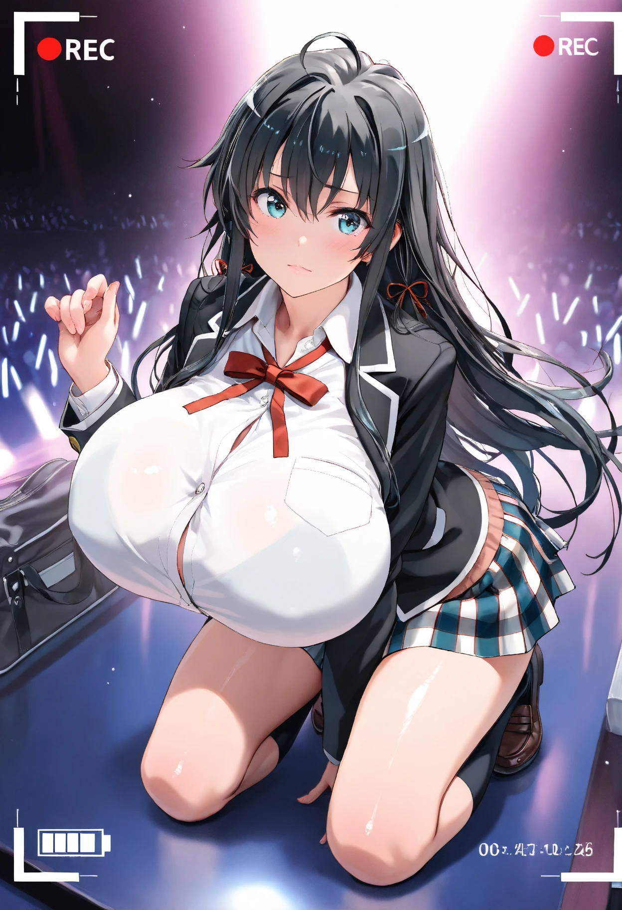(最high quality, 4K, High resolution, masterpiece:1.2), Very detailed,splashing semen,  ((cum on body)), (nsfw), ((detail erectile nipples)),  (,High Contrast), Cinematic Light, Bright colorsと魅惑的な効果, Soft and delicate lighting, Lens flare, The overall atmosphere is beautiful and gentle.., alone, (((1 Girl))), Black Hair, Long Hair, Straight hair, Red eyes, jewelry, Earrings,  Style idol costume, Pleated skirt, Gingham Check Skirt, Beautiful thighs, (white panties), ((cameltoe)), (anus),( (smile:1.5), ((Open your mouth:1.2)), ((cum on face)), ((Random Action Pose:1.2)), ((With microphone, sing:1.1)), Beautiful Skin, Shiny skin, Perfect Fingers, Five Fingers, ((Live Stage:1.2)),1boy, hetero, (((he grope girl))), ((grope from behind)),  Background Blur, high quality, Surreal, Bright colors.
