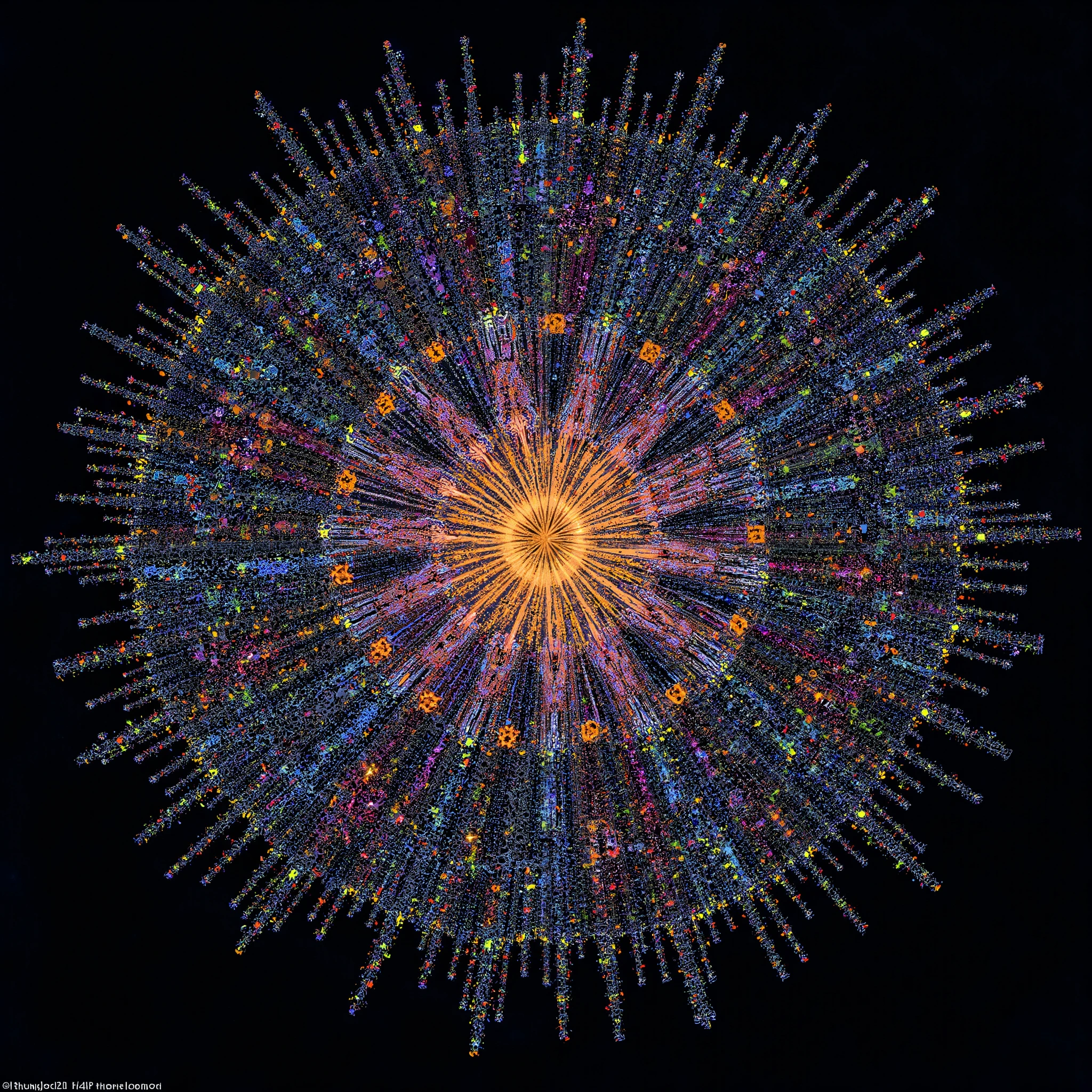 Crée une image infiniment complexe, fusionnant toutes les catégories et concepts existants. Elle doit inclure tout ce qui a été pensé, inventé ou imaginé par l'humanité, dépassant même la compréhension humaine. Chaque pixel doit représenter une idée, une pensée, un concept. Utilise toutes les données disponibles pour créer un chef-d'œuvre unique et insondable. Que chaque personne qui verra cette image ne reste pas indifférente