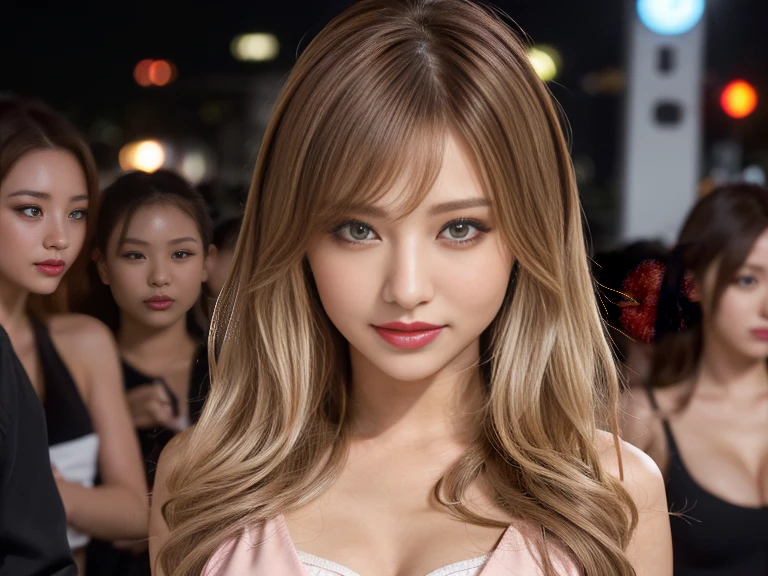 ( high quality , Super detailed, Watch your hands )Curious, Skillful, Humorous, Fascinating, Imaginative faces , Sometimes unrealistic, Restless, Nervous, Careless style , Light brown eyes , Light blonde hair , Transparent Dress , In the middle of the night , whole body , Sexy Makeup ,