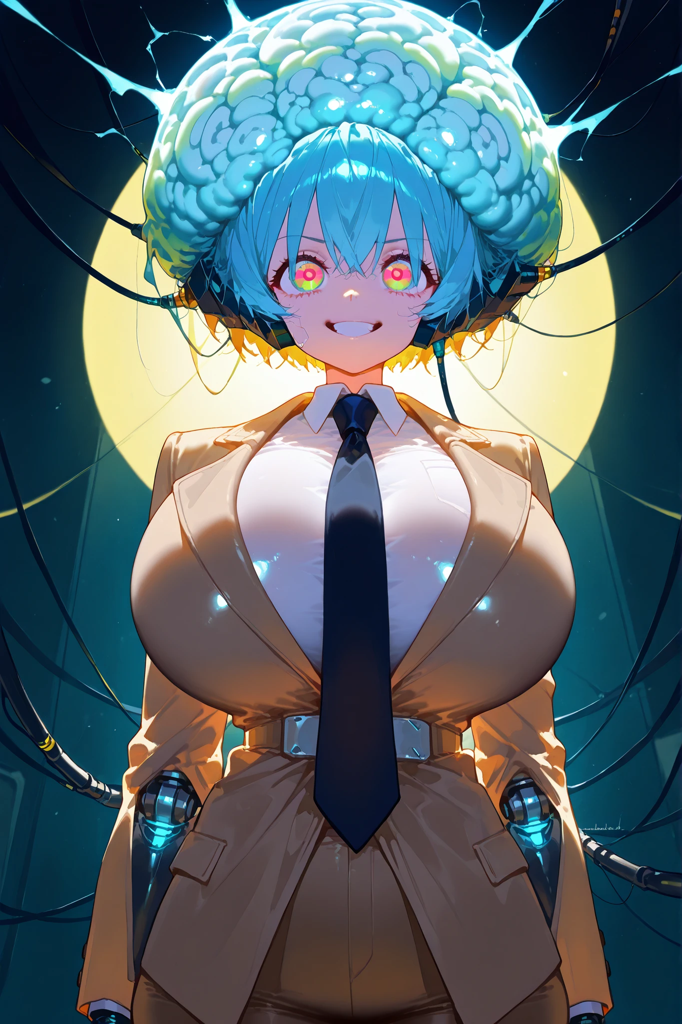 masterpiece,best quality,amazing quality,very aesthetic,newest,anime screencap,1girl,robotgirl,transluminescent mechanism,mechanical organ,cyberpunk,beautiful woman with glowing robotic body parts,expressive face with advanced mechanical eye,intricate translucent circuits and components,mechanical limbs and exoskeleton structure,complex mechanical organ systems visible,dramatic studio lighting,vibrant neon colors, formal shirt collar, transluscent breasts, giant oversized necktie , transluscent mechanical breasts are seen through transluscent shirt fabric, glowing breasts, vast glowing orbs of light inside translucent breasts, light and lazers spouting from chest, big elegant formal collared coat, gigantic spherical mechanical translucent breasts, high society fashion, flexible and moldable transluscent breasts that are filled with air, bouncy balloon like breasts that are like magical floating orbs, brain insertion, electrical cords that are burning inserted into brain, gigantic oversized BREASTS, hyper BREASTs, very wide oversized brain that is spread open, machine inserting tubes into her brain and sucking her brain out making her stupid and have a brainless dumb expression, giant massive gooey and slimy brain being sucked out of the head and inflated like a gigantic oversized mass, her head is deforming and inflating due to her brain being sucked out, her head is literally filling with air like a balloon, focused face, wide eyes and smiling, her face is confident, facial expression that looks focused and serious, dollface, the deformed head inflating with air, head deformation, head is being inflated and deformed causing her face and head to stretch out like a inflating balloon, brain extraction, her brain is being sucked out into air tight vaccuum sealed jar, brain inflating and glowing with electricity, khaki colored detective-styled suit, TOP DOWN VIEW, BLUE COLORED HAIR, LOOKING FORWARD CONFIDENTLY, brown suit,