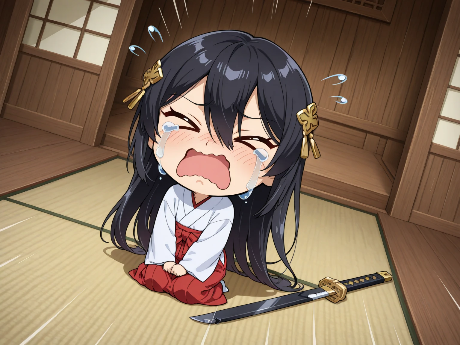 (best quality), (masterpiece), very aesthetic, absurdres, high res, all detailed, (nakoruru), long hair, black hair, red bow, hairband, ainu clothes, short sleeves, boots, fingerless gloves, sash, medium cleavage, pants, [white panties], (injury skin, scar skin, bleeding skin, torn clothes:1.15), Broken Armor, cloth pieces, BREAK NSFW, solo, 1girl, kneeling, (half closed eyes, cry, tears), sigh, blush, sweat, (indoors, prison), cinematic lighting, diffraction spikes, three quarter view
