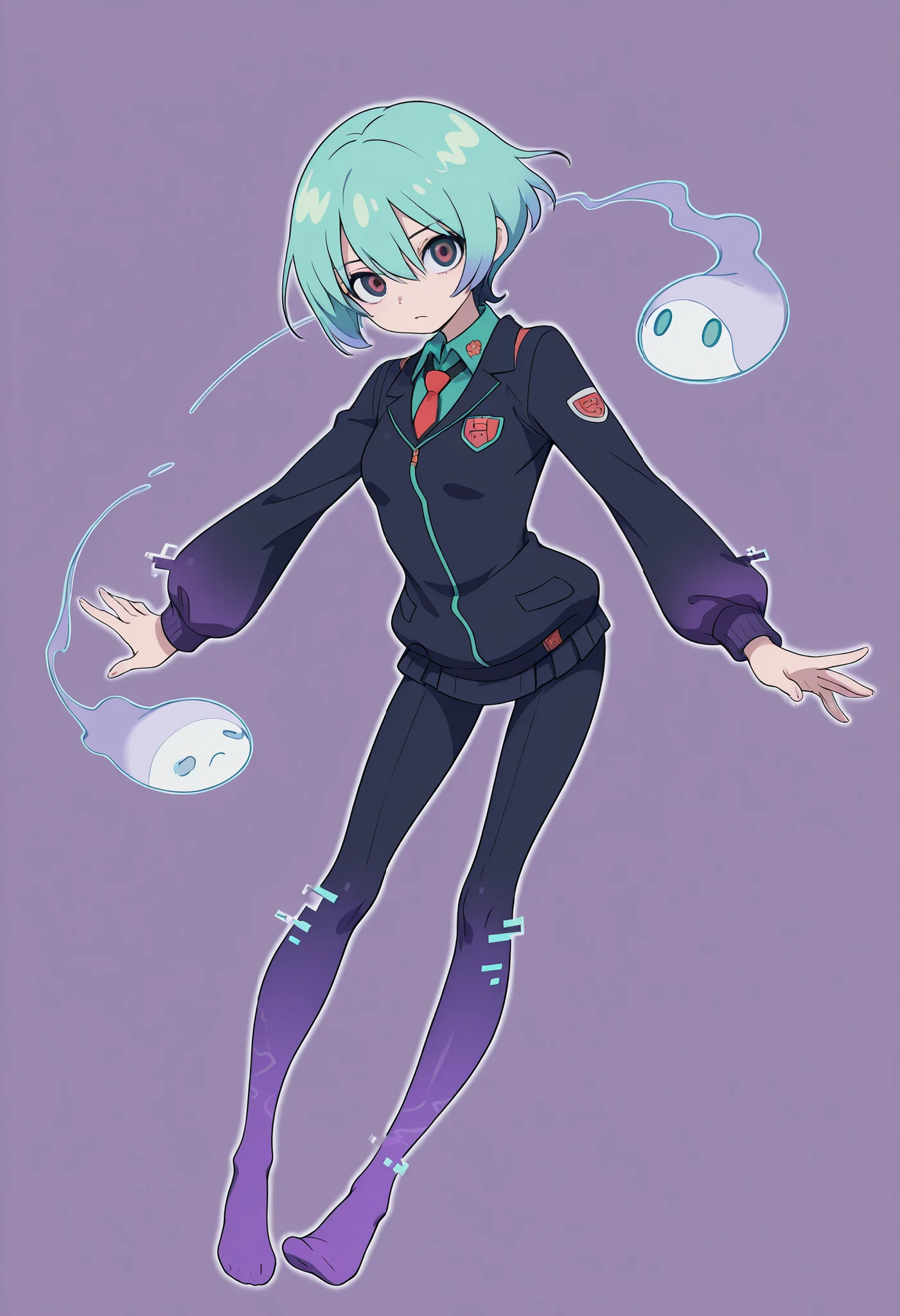 Anime Masterpiece、Highest Quality、super high resolution、clean line、Cell painting ＋soft gradation、Neon Tone。  One cute floating ghost girl、Bad look with dark eyes、 Mouth slightly open。 light blue short hair。There are no legs in the lower body、and a translucent spirit stretches。show：Pale cyan〜 Several lavender ghostly flame wisps are floating。 Small glitch rectangle along the outline（3〜5）、micro background is uniform green for chroma key。