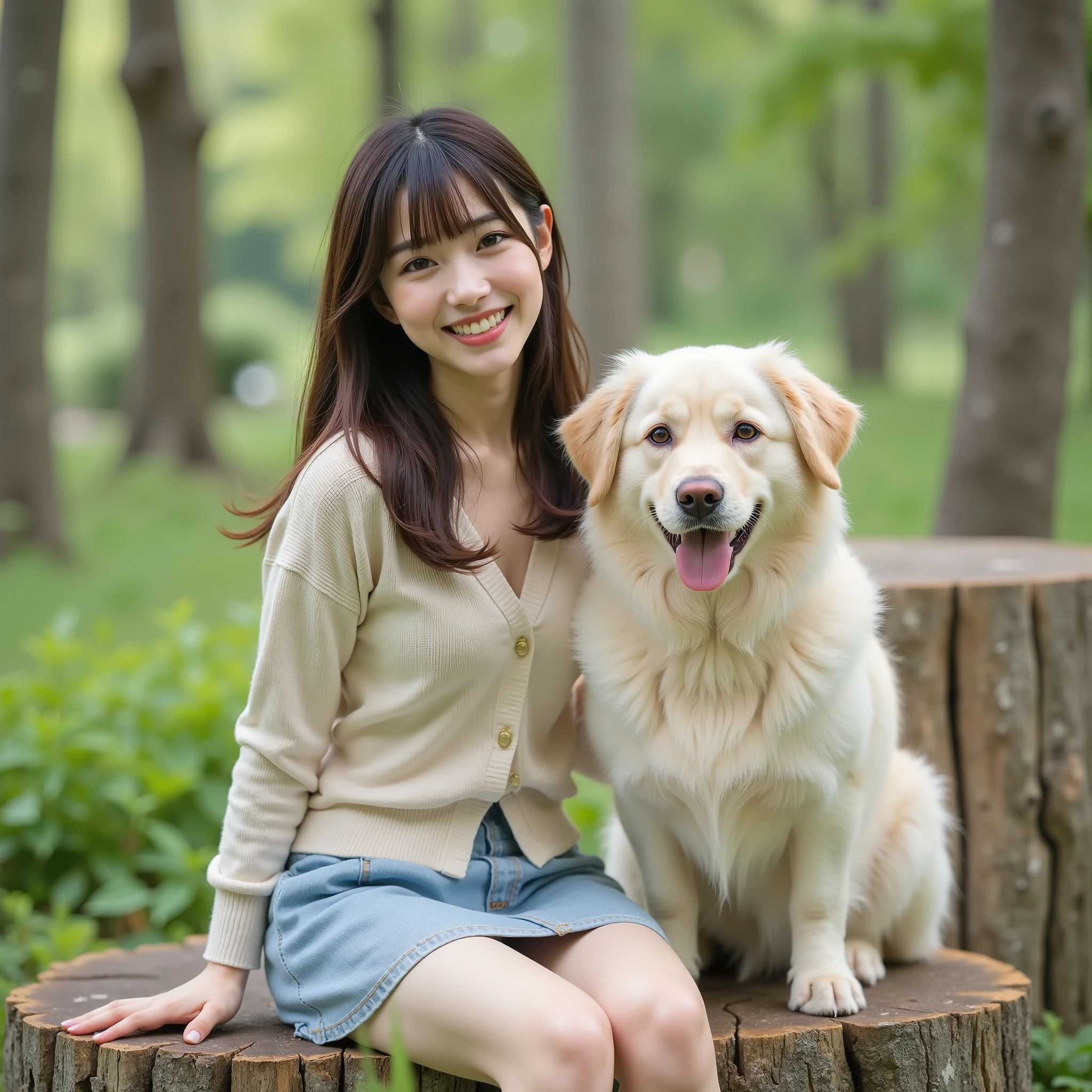 『1 Japanese girl:1.3』『raw photo:1.3』『real photos:1.3』Highest Quality:1.2、((big breasts))、A little bit of cleavage is visible、((young 20 year old woman ))、『showing her teeth and smiling:1.9』、(((anatomically correct、perfect anatomy、anatomically correct指)))、slender body,visible, Highest Quality, super high resolution, RAW photo, (constricted body)、full body,looks and smiles like an idol with a pet dog next to it
Masterpiece、8k、32K、Highest Qualityの、(detailed eyes)、(cute Japanese woman delighted with victory、Bans)、23 years old、One Girl、elegant、(The depiction of the background is drawn in detail、portrait:1.2)、(Tilden Cardigan)、pleated skirt、(Yellow Leaf :1.1)、COWBOY SHOT、laughing、leaning forward,sitting on a large stump in the woods,My pet dog is beside it,Large Dogs