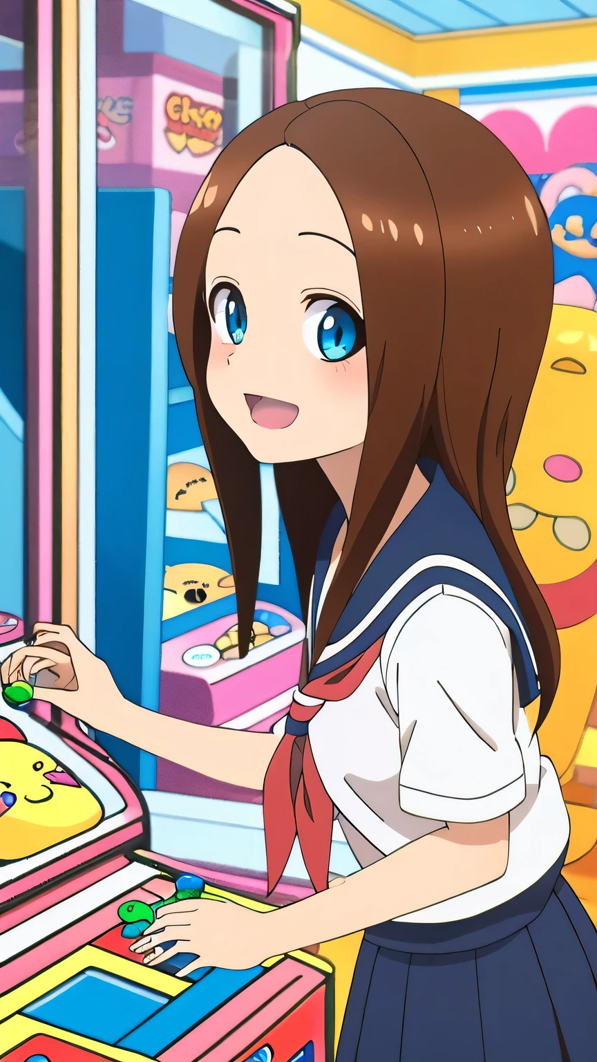 {{{masterpiece}}}, (best quality:1.5), (ultra-detailed:1.5), {illustration}, {{an extremely delicate and beautiful}}, (beautiful detailed eyes:1.6), absurdres, highres, extremely detailed face, 16k, hd, visual anime de uma jovem mulher, extremamente bonito rosto de anime, anime melhor garota, (perfect hands, perfect anatomy), (five fingers:1.3) anime face, Takagi-san(Teasing Master Takagi-san), 1girl, solo, cute face, long hair, brown hair, parted bangs, sidelocks, flushed cheeks, (brown eyes:1.3), (High resolution eyes, Beautiful eyes, Light in the eyes), medium breasts, big hips, curvaceous, BREAK, {serafuku}, collarbone, white shirt, short sleeves, blue sailor collar, red neckerchief, pleated skirt, blue skirt, black crew socks, BREAK, looking at viewer, smile, open mouth, solo focus, indoor, arcade, CLGM, looking outside, from side, crane(machine), (crane game:1.3), (cute gestures:1.2), (fluttering skirt:1.3)