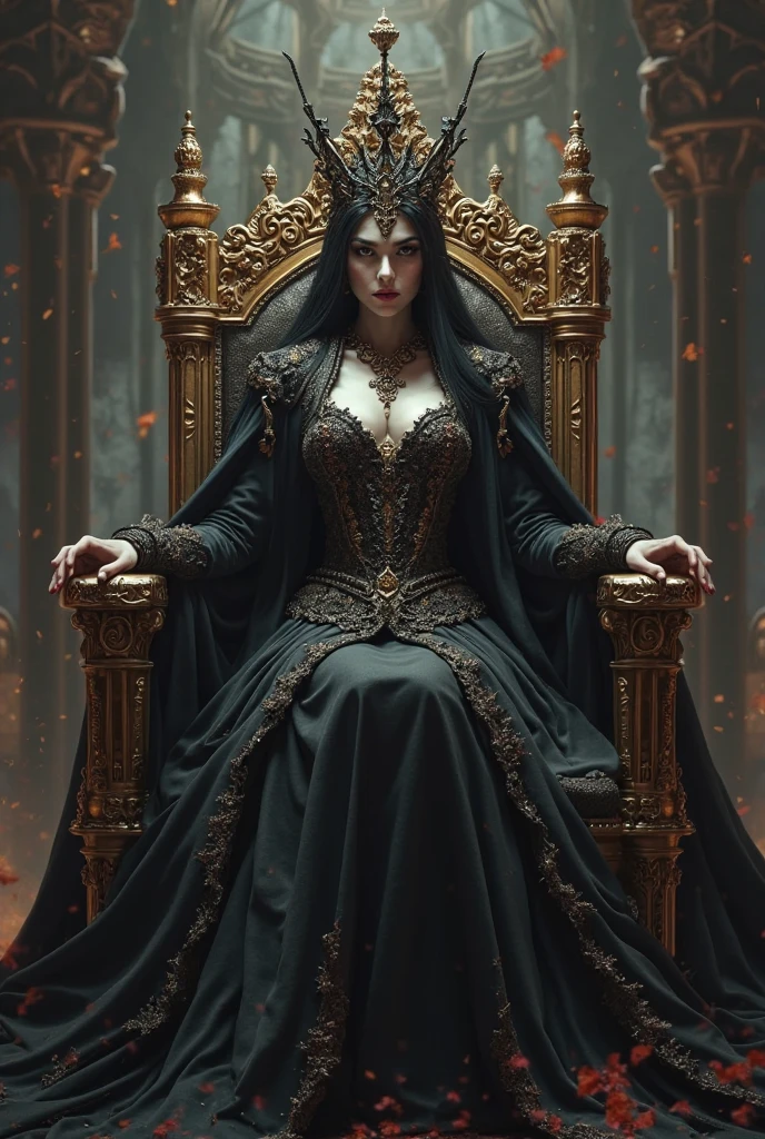 A Female Demon in black and gold colors and with the name beta on her chest sitting on a throne of bones