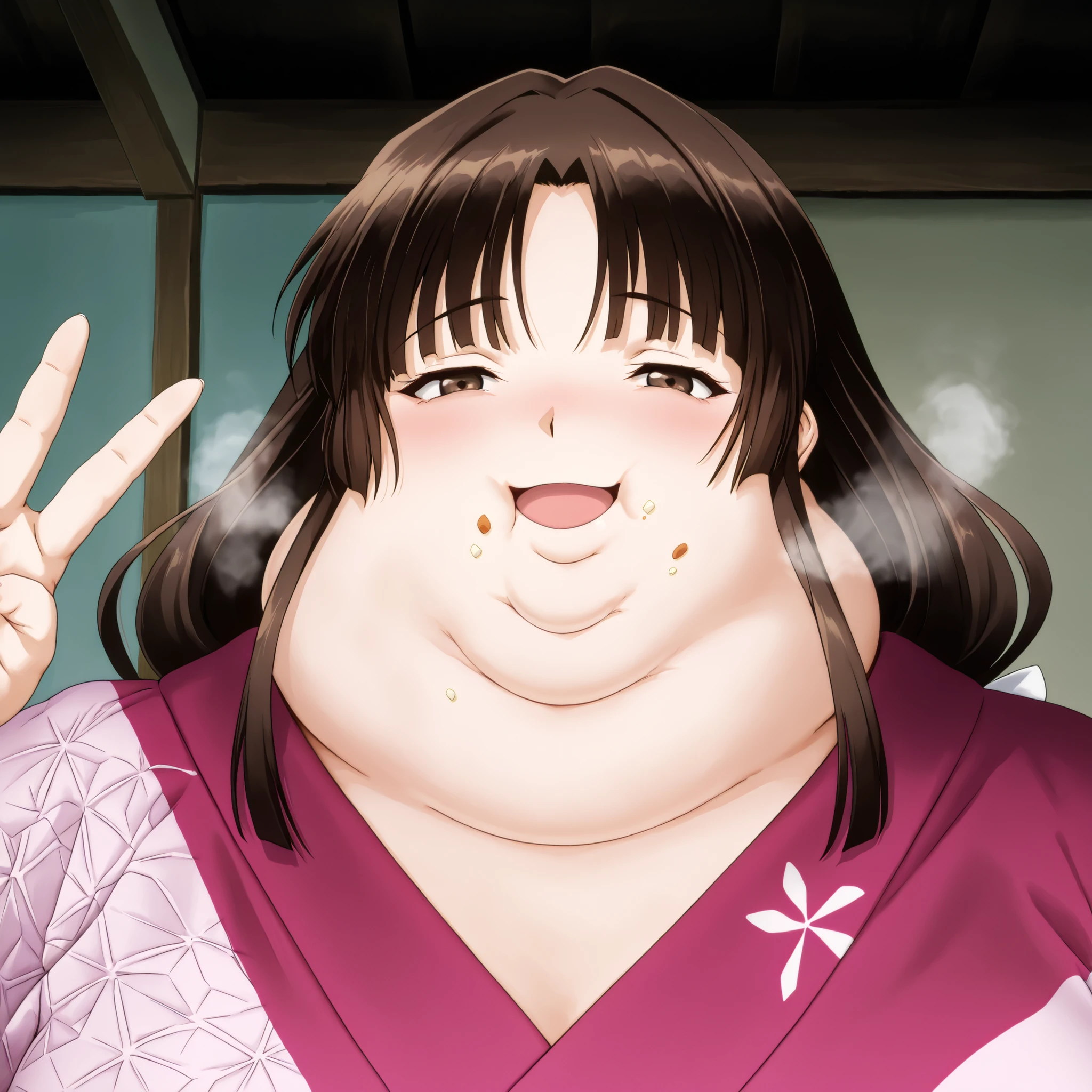anime screencap, score_9, score_8_up, score_7_up, source_anime BREAK sango, 1girl, solo, brown hair, parted bangs, low-tied long hair, brown eyes, pink kimono, wearing a kimono
,masterpiece,best quality,amazing quality,bulging belly, fat, chubby, obese, open mouth, out of breath, absurdres, portrait, pov belly, swollen face, masterpiece, best quality, ultra-detailed, high resolution, 8K, food crumbs on face, half closed eyes, smile, v sign, peace sign
