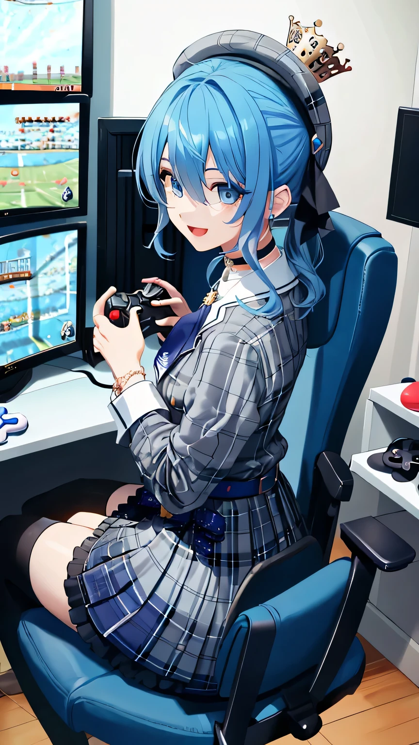 {{{masterpiece}}}, (best quality:1.5), (ultra-detailed:1.5), {illustration}, {{an extremely delicate and beautiful}}, (beautiful detailed eyes:1.6), absurdres, highres, extremely detailed face, 16k, hd, visual anime de uma jovem mulher, extremamente bonito rosto de anime, anime melhor garota, (perfect hands, perfect anatomy), (five fingers:1.1), anime face, Hoshimachi Suisei(Hololive), sui1, 1girl, solo, blue hair, medium hair, side ponytail, blue hair bow, hair between eyes, blue eyes, (High resolution eyes, Beautiful eyes, Light in the eyes), medium breasts, big hips, curvaceous, BREAK, sui1, stageidol, suisei cos, beret, grey headwear, crown, star choker, blue choker, grey jacket, (plaid jacket:1.2), double-breasted, long sleeves, white shirt, collared shirt, blue ascot, bracelet, black gloves, partially fingerless gloves, blue belt, (blue bow:1.2), star print, jewelry, skirt set, grey skirt, plaid skirt, miniskirt, pleated skirt, thigh strap, asymmetrical legwear, mismatched legwear, uneven legwear, single kneehigh, single sock, black thighhighs, blue crew socks, BREAK, gameroomconcept, (looking at the monitor:1.5), cute smile, open mouth, ((Sitting on chair)), (Playing videogame:1.5), game controller, (holding a game controller in hands:1.8), indoor, desk, computer, monitors, keyboard, gaming, computer chair, gaming chair, from side