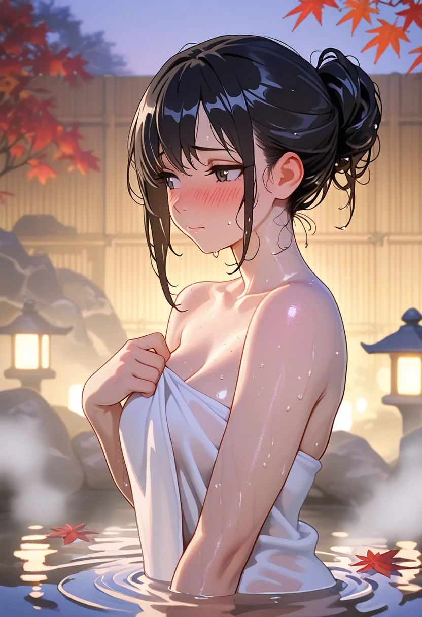 ((Highest quality、Best image quality、Ultra-high resolution、Ultra-high resolutionで描画、alone、Bright red eyes、Very beautiful adult woman、非常に精細なBeautiful Face、very fine and beautiful eyes、Innocence、Beautiful gesture、シンメトリーのBeautiful Face))、1 Girl、Realistic、Written boundary depth、Natural soft light、Daytime、charm、Beautiful Face、Cleanliness、Pure Face、Shiny skin、Black Hair、Light of the sun、Ezvian Everywhere、((Golden RatioのBeautiful Face、Golden Ratio、Expose your hips、Expose your shoulders))、Long neck、Neat long hair with bangs、Perfect Fingers、Perfect hands、Perfect body、Perfect Face、Shine a light into your eyes、Perfect Anatomy、Tall Supermodels、Long-legged supermodel、Long neck、Broad shoulders、stand、Smile at the audience、Laughter、smile、Beautiful neckline、Keep an eye on your audience、Shadow Fade、Tilt your head、White hair band、Black Hair、Open-air bath background、steam、sauna、bathtub、Wrapped in a bath towel、White bath towel、steam background、Girl soaking in the bathtub、A little bit is just、Buttを向けている、Backwards、Buttを突き出している、Buttをカメラに向ける、Butt、Buttがbathtubに浮いている、back、Turn around、Scapula、View from behind