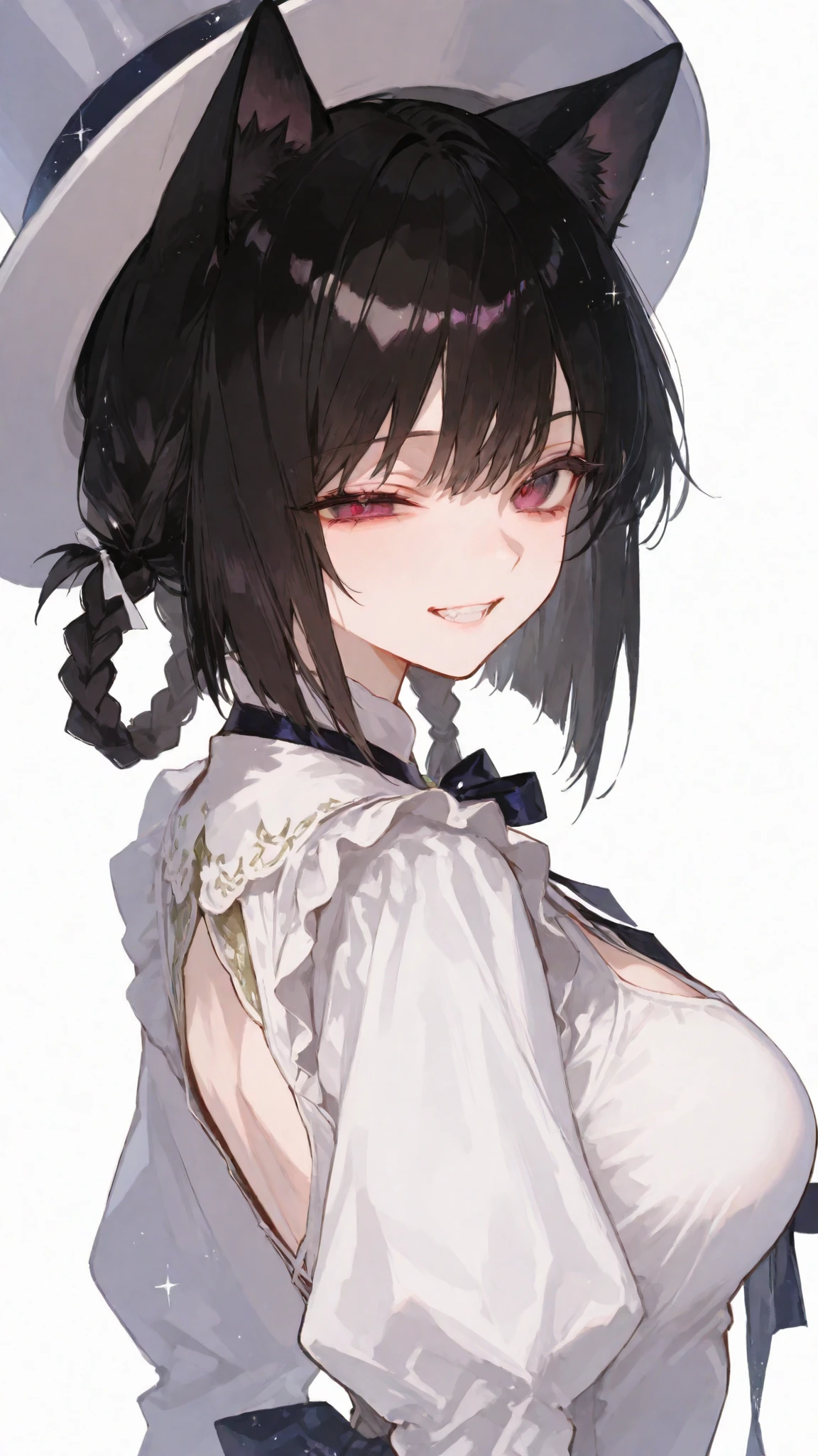 Cat Ear Girl, black hair,in light red eyes,long hair,Special white dress,big breasts,cute,smile,magician,,with a hat,Short hair braid,slim,Ribbon Set,long hair,,Spotlight ,Double Ponytail Braided Hair,, White Hat ,,,high view,Spectator,smileGrit your teeth,,light white background,serious look,Glitter eyes,top view,upper body shape,Special background,beautiful teeth,Close-up view,side view,ฉีกsmileกว้าง,Looking back ,uneven eyes,,Grit your teeth,Round hair braid