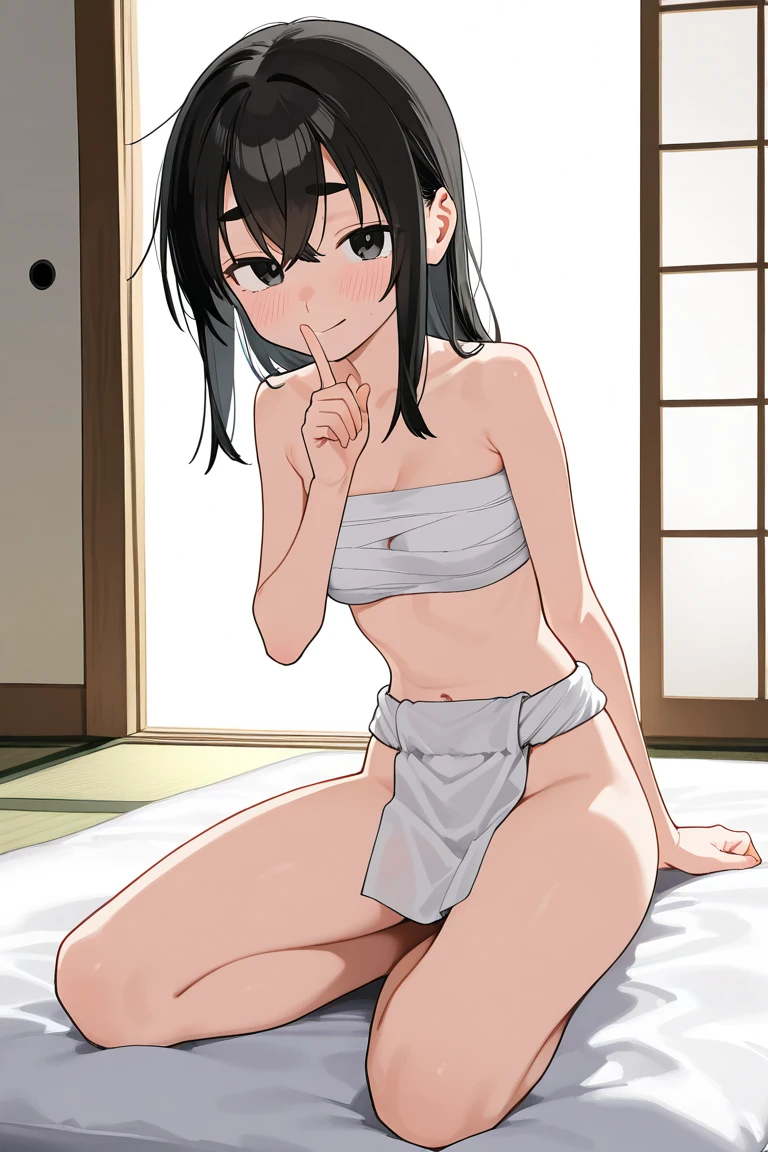 One Girl,(small),Knee socks,shoes, (Half-closed eyes), Fascinating face, Lips parted, nose blush, blush, alone, In the bedroom, Are standing, Seduce your sexy waist (panties), (In underwear),((small胸)), ,(Leaning forward ,Kneel:1.2), Cleavage, Angle from below, An angle that emphasizes the chest, (panties), (bra), (In underwear), (White underwear), (lingerie),((nsfw))