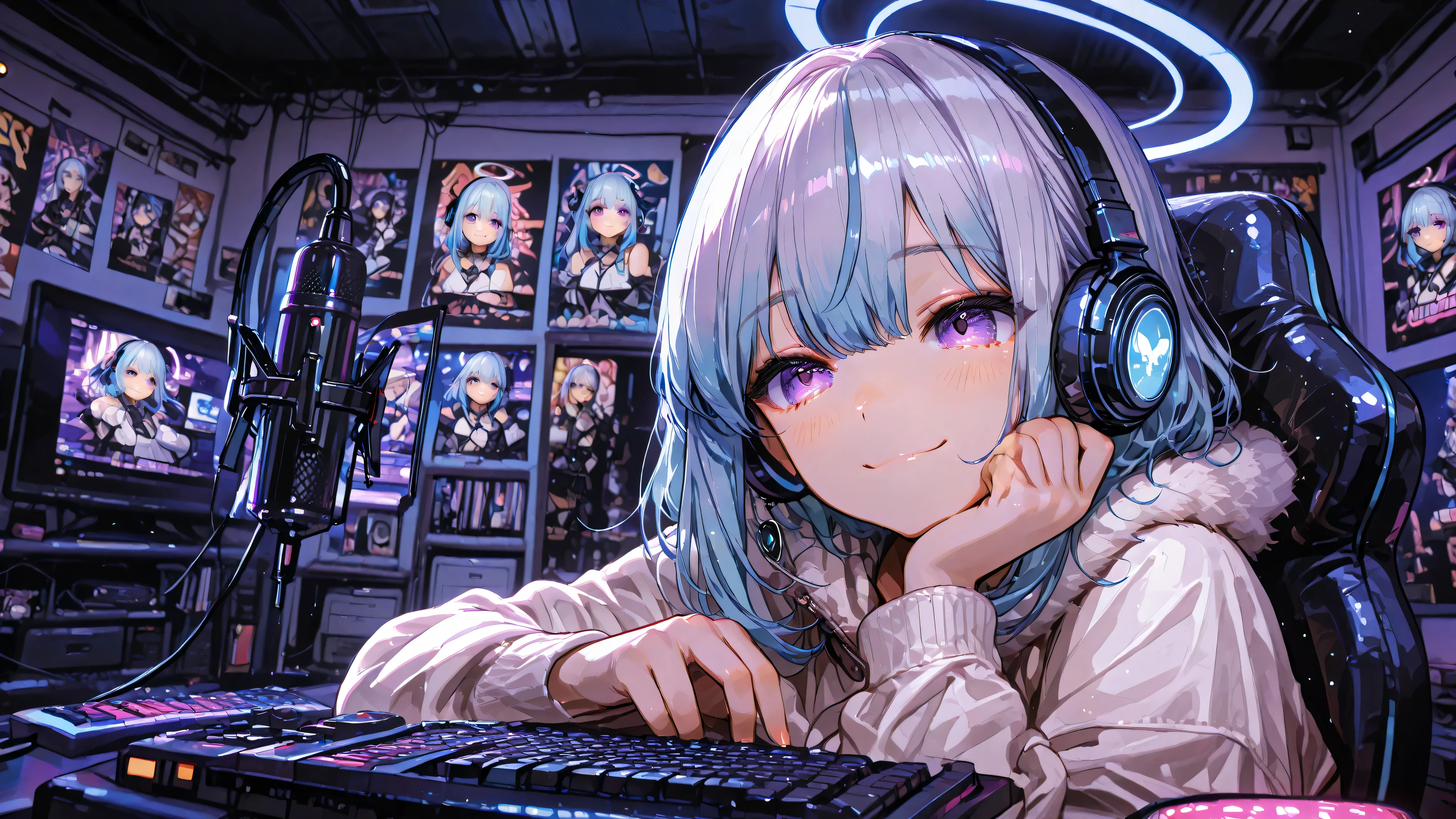 anime-style VTuber, soft platinum blue hair with cyan gradient, smooth and flowing texture, subtle highlights, slightly messy strands, soft fur texture, slight tilt of head, vivid purple eyes with small square, slightly playful and mischievous smile, looking desktop, playing game, keyboard, friendly yet cheeky expression, Parker with ribbon patterns, white top, angel wing, plastic and metallic headphones with LED lights, dark room, gaming setup with PC, microphone, LED lights, posters on the wall, warm and inviting atmosphere, stylized character design, fantasy anime aesthetic