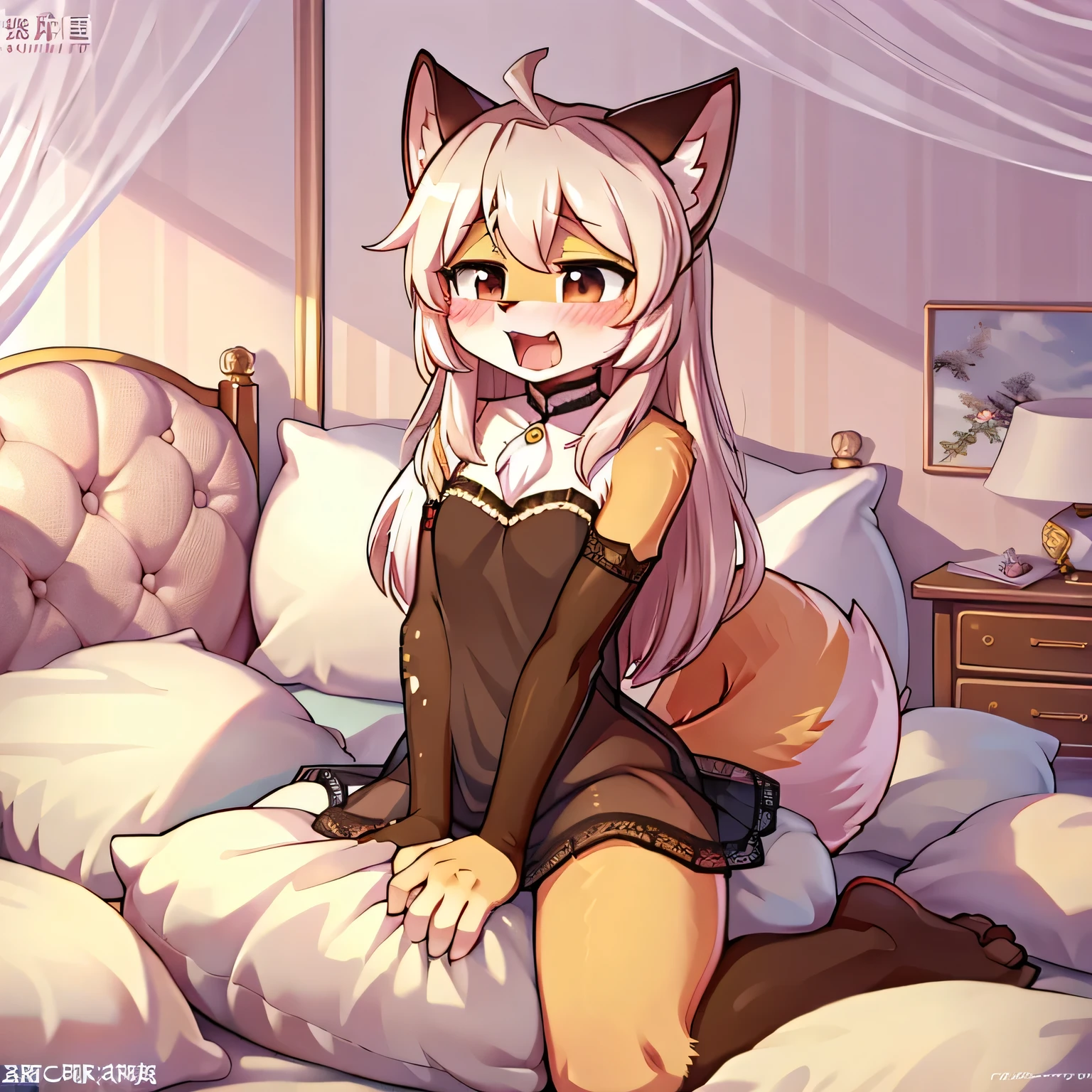 masterpiece,Best of quality,herself of, beast wild, Hairy of woman, Wolf-eared ax detail), ( Any Pillow Background of Light)), a cute girl in a shift dress posing on a pillow, shift dress,Nature of'Ace blushed),a smile,Pillow,(many pillows),soft pads,(canopy bed),Soft pillow quotation,(Damage of pillow),many pillows,(crotch friction),((pillow hump)),(Pillow head),(A Tail),,(pink pillow),(surrounding the protagonist of love),(Steaming hot of),(Pillow head),(),(luxury pillow),(Palace pillow pattern pillow),(palace),(palace bedroom),(Gorgeous pattern pillow),Soft pillows,,(Classical European style bedroom ),( excitement of ,Shy of,Proud of,Hold in urine,lack of expressiveness,),,ifox girls,female love,lace pillow, trembling,of,,lust,,trembling,relax,four poster bed,有many pillows,,Tail,,open mouth,,peeing ,Pigment burst Art NY,pigment everywhere,cat ears