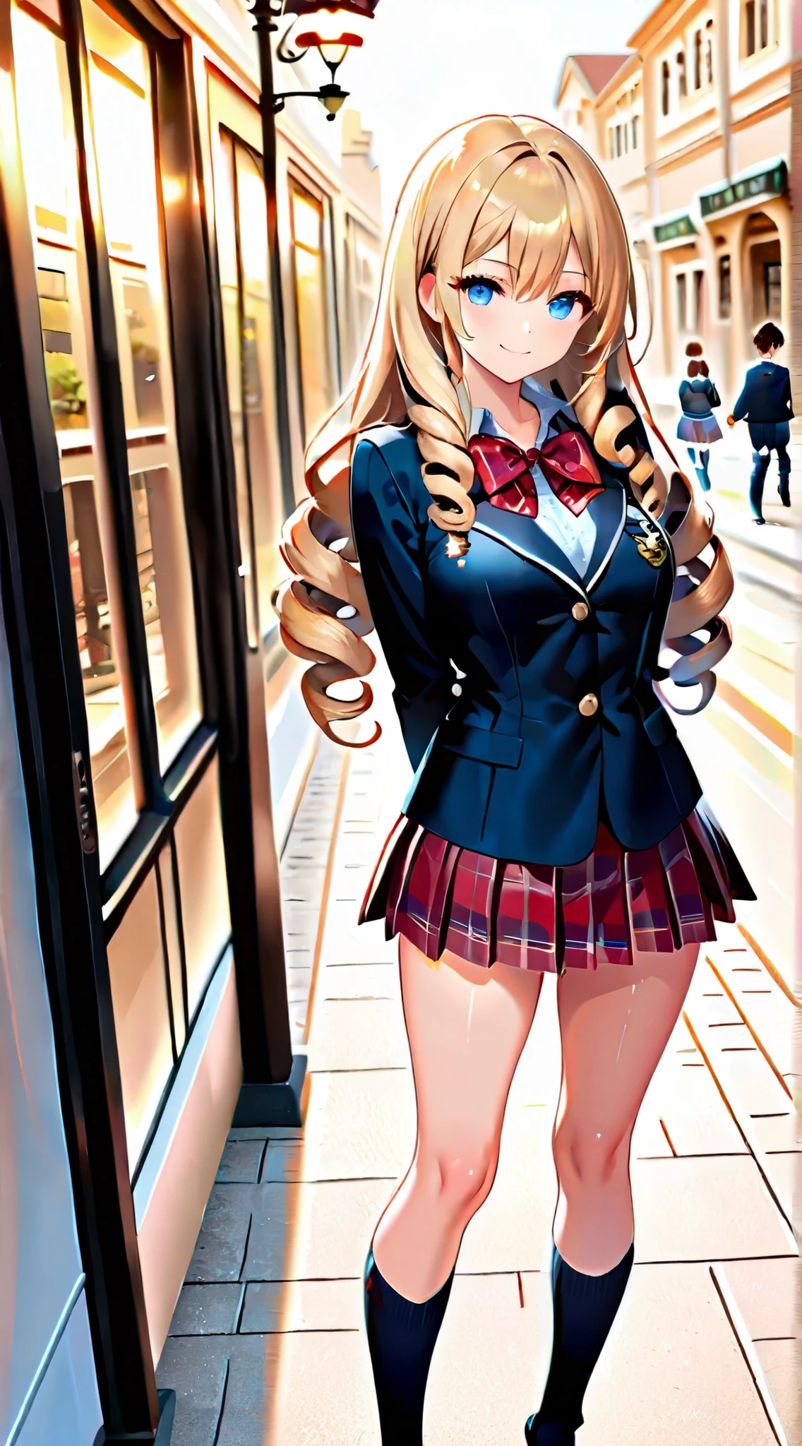 Beautiful Illustrations,viewers,girls, high school students, blonde hair, (Long Hair:1.8), (drill hair:1.7), Bang, hair between eyes, blue eyes,
beautiful hair, beautiful face, Beautiful Detailed Eyes, beautiful collarbone, beautiful body, beautiful breasts, beautiful thighs, Beautiful legs, beautiful fingers , 
(beautiful scenery), dawn,  lamp post , Sidewalk, 
((Navy Blazer, pleated miniskirt, socks, Private School Uniforms:1.2, Plaid Pleated Skirt, Red Plaid Bowtie)),, ((charm的な姿勢: 1.2, charm: 1.2)), (Idol),
(sexy, Upward glance, smile), shiny skin, 
perfect face, cute and symmetrical face, natural side lighting, Movie Lighting), 
walk,