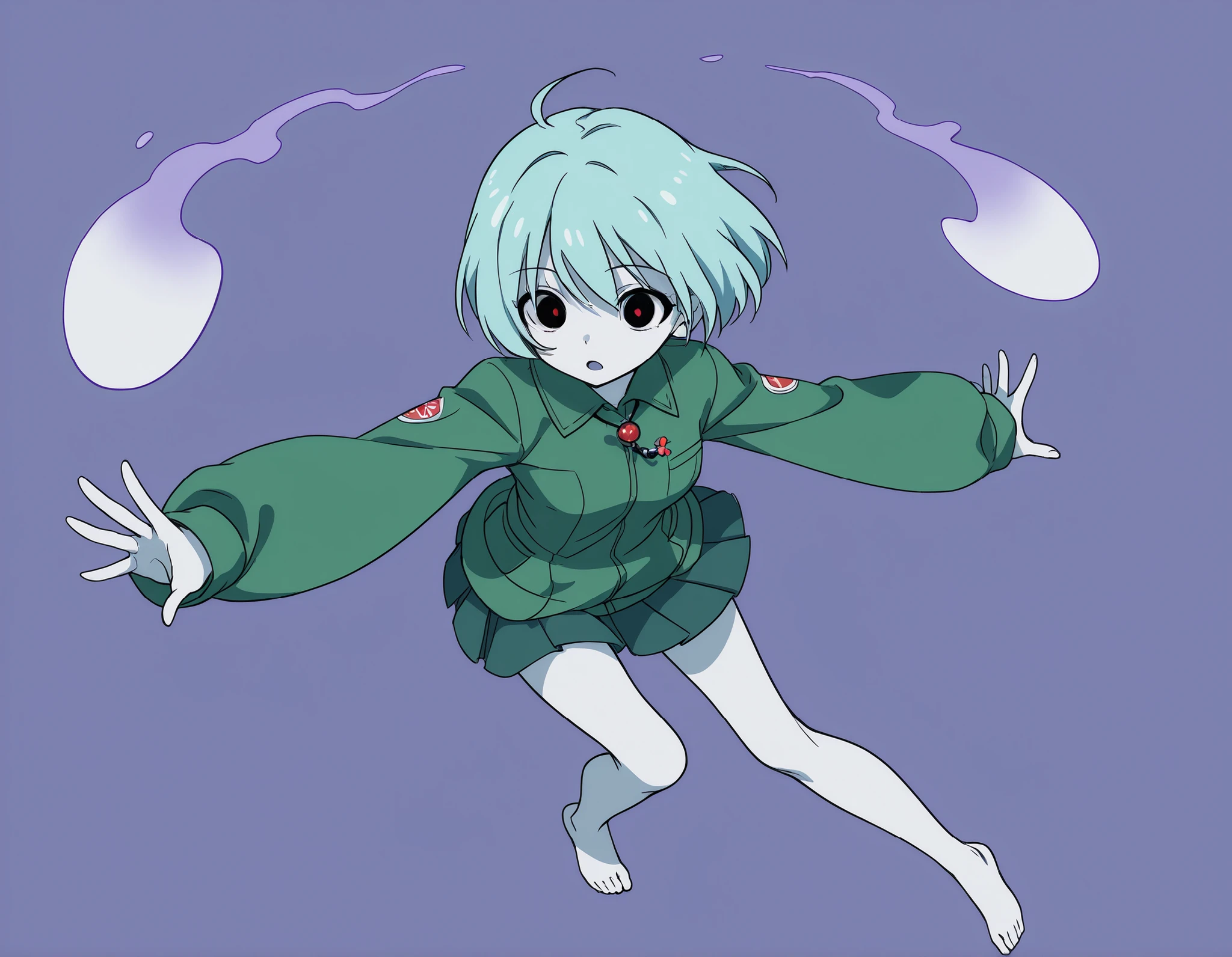 Anime Masterpiece、Highest Quality、super high resolution、clean line、Cell painting ＋soft gradation、Neon Tone。  One cute floating ghost girl、Bad look with dark eyes、 Mouth slightly open。 light blue short hair。There are no legs in the lower body、and a translucent spirit stretches。show：Pale cyan〜 Several lavender ghostly flame wisps are floating。 Small glitch rectangle along the outline（3〜5）、micro background is uniform green for chroma key。wide-angle exaggerated perspective、strong four shortening、front is big and small in back、dynamic full body。 eye level、Equivalent to 20mm、angle of view 1.990°、Close Range（face is closest）、barrel-shaped distortion is weak。 Pose：Stick your head and shoulders out、Waist～legs are lowered backwards。toes are far thin and small。