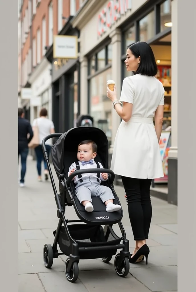 リラックスしてベビーカーに座るイケイケ赤ちゃん: "Illustrate a realistic image of a baby wearing tiny, stylish sunglasses, sitting casually in a high-end stroller with one leg crossed over the other. The baby is dressed in a fashionable onesie with a cute slogan, exuding a sense of ease and sophistication. The background is a trendy outdoor café with parents and kids, capturing a moment of relaxed socializing."