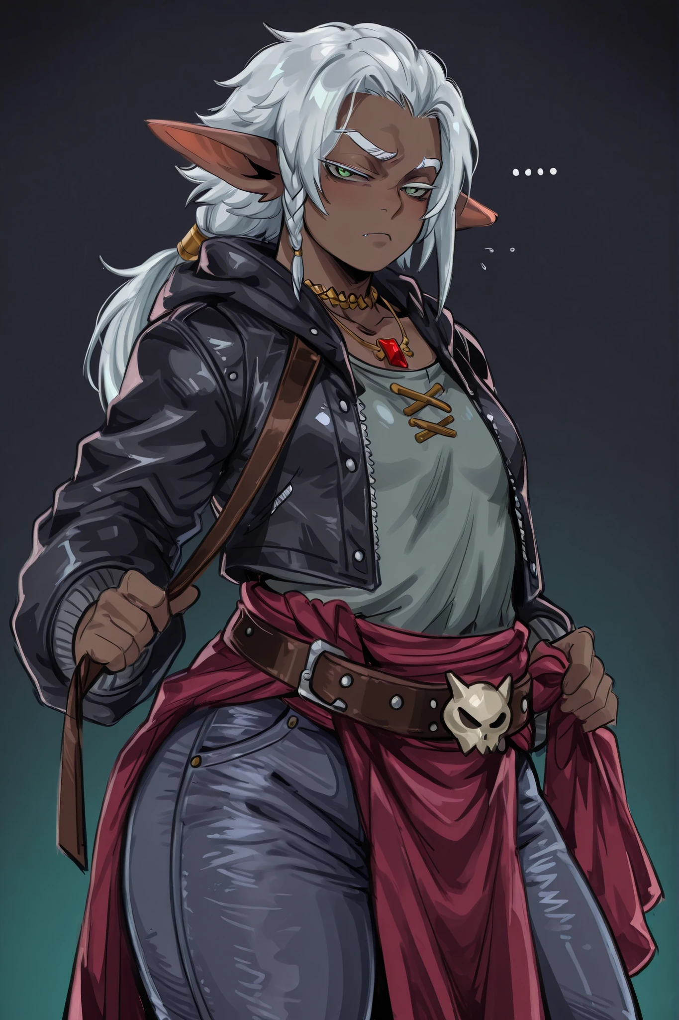 kurenaiz, Drunkr3mbr4ncer, masterpiece, best quality, amazing quality, very aesthetic, high resolution, ultra-detailed, absurdres, newest, 1man, male focus, ((ONLY MALE)), male character, grown man, solo, flat chest, little masculine, slightly broad shoulders, aeldari-Il, eldar, Exodite warrior prince, muscular dark-skinned male, elf sharp ears, no helmet, face, ponytail, braid, cute face, shy, slight blushes, ethereal green eyes, lustrous silver hair, black leather fur parka jacket, grey polo shirt, leather belt, tight jeans, leather sling with bone fasteners (passes across the chest and back), animal fur, necklace of beast fangs, wrap around the waist, simple two-color background, dynamic pose, Medium Shot, looks at the viewer, BREAK,