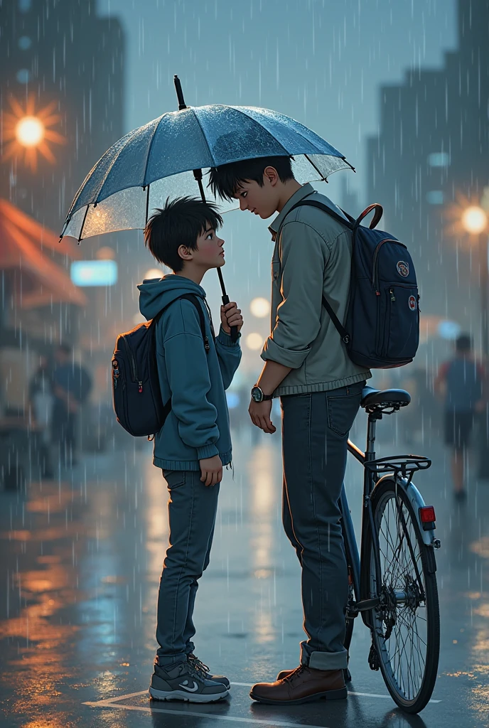 A boy wating for his gf in bus stand near the lamp it was midnight, with Rain weather , organic colour , place in Tokyo ,wear black shoot