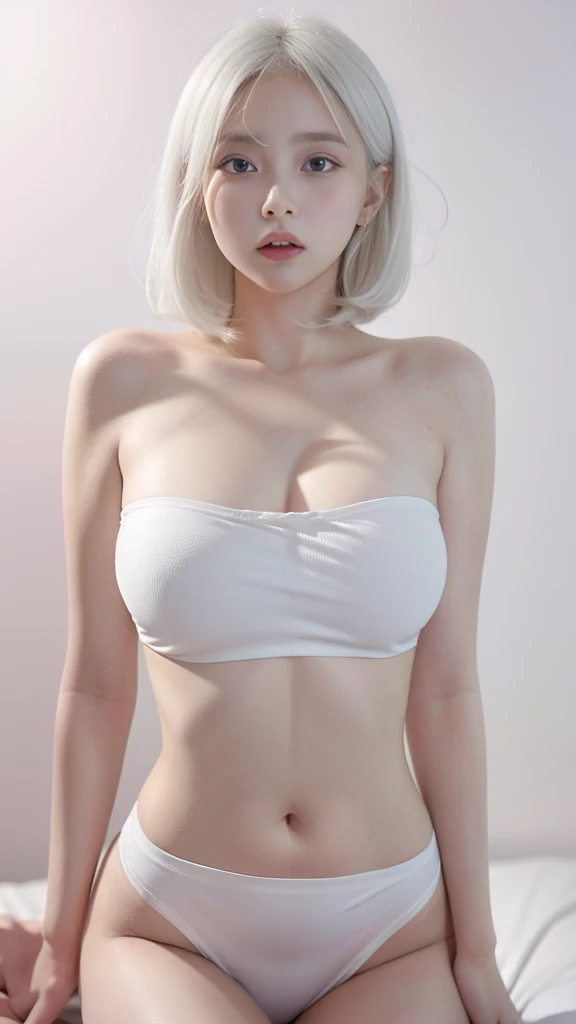A beautiful woman, wearing hotpants and black bra, pale skin, smooth pale skin, skin tune red, perfect body, detailed body, ((round big breast, small titts, big hips)), full body, cute face, white hair, ponytail hair, top quality