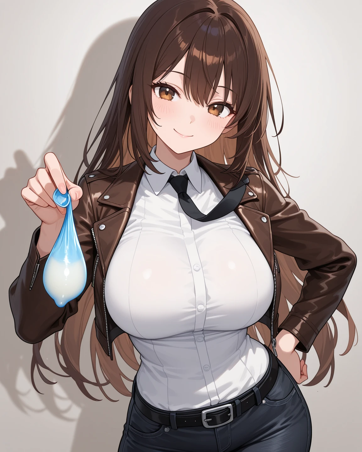 <lora:zheng_style:1>zheng style, green eyes, testicles, veins, open clothes, large penis, cum on breasts, smile, blush, collarbone, veiny penis, looking at viewer, futanari, cum, nipples, white background, erection, uncensored, dated, raincoat, long hair, simple background, large breasts, solo, cowboy shot, sweat, yellow raincoat, cum on body, brown hair, hood, penis, 1girl