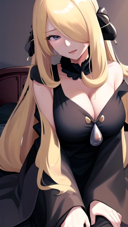 (((masterpiece))) ((( background = horror theme : at night : inside dark creepy castle : dark : detail ))) (((character = young elf female : elegant long blonde hair with straight bang : red eyes : fit body: medium breast : wearing sexy gothic outfit : earrings : tight high stockings : standing : in awe at her body : seductive evil wide smile :  squeeze : : sitting on a throne  : cleavage : ))) ((close-up))