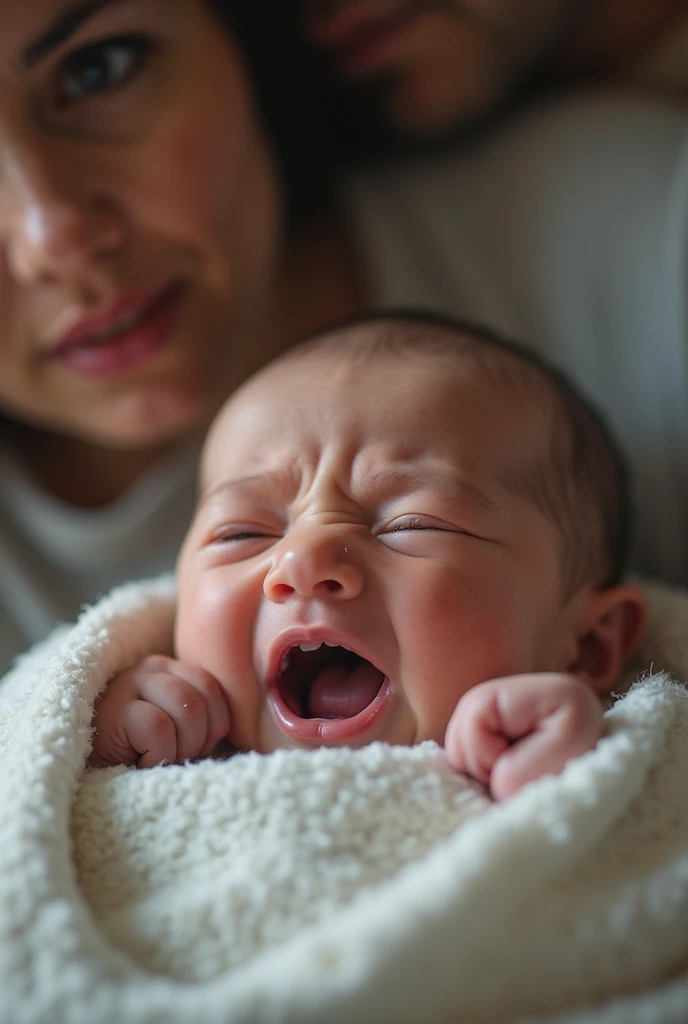 a newborn baby crying in his mother&#39;s arms, A woman with long black hair 