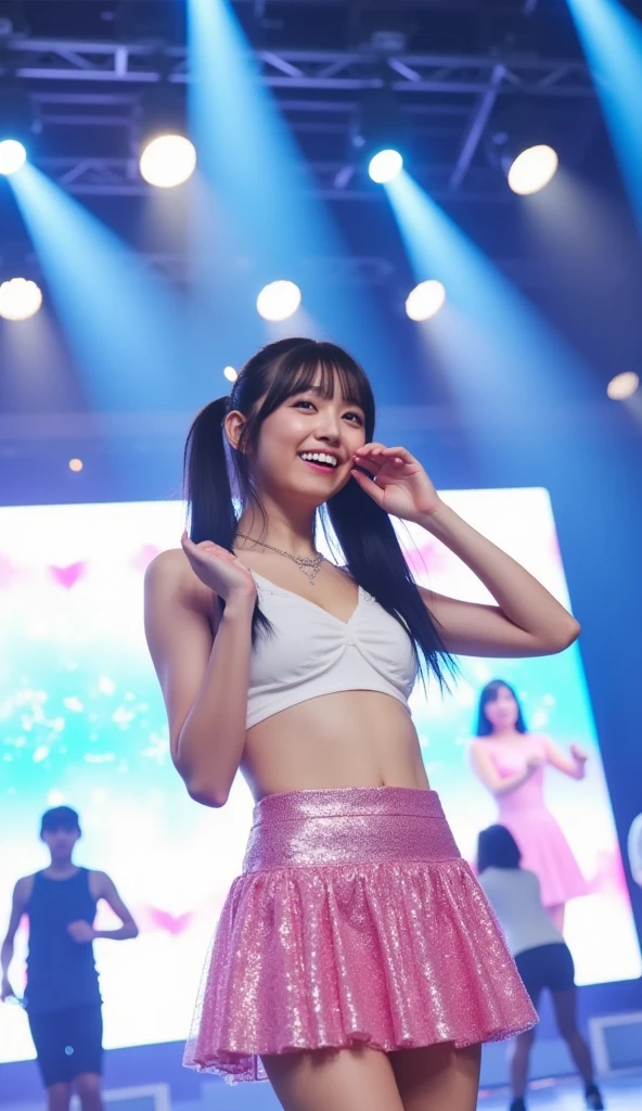 (8K、Raw photography、Photorealsitic:1.25)、1little girl、(18 year old woman with beautiful perfect face、Expressing the joy of dancing with color)、Pose with legs raised high、Line Dance、lipgloss、long lashes、Beautiful expression、shiny bare skin、top-quality、超A high resolution、Stage costumes、Bask in the lights on the stage、a miniskirt、Photograph the whole body