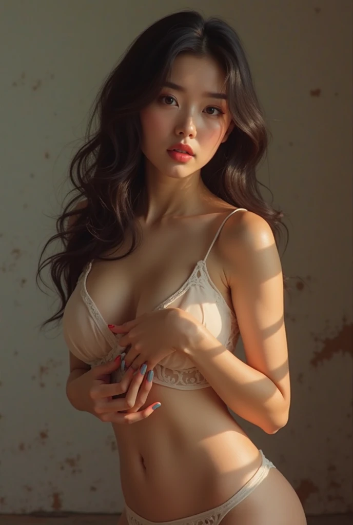 Open thighs with both knees upright, top quality, masterpiece, most of the body, (background: bed), 1 girl, 22 years old, double ball head, coiled hair, streamer, pale pink lips, calm, intellectual, purple eyes, underwear, close eyes, fine face, face up, shorts, beautiful face, photorealistic, rim lighting, two-tone lighting, (high definition skin: 1.2), 8k uhd, DSLR, soft lighting, high quality, photography, high resolution, 4k, 8k, bokeh, off-shoulder, big breasts, big, a lot of skin exposure, more breasts, knees upright and thighs open, eyes closed, crying.