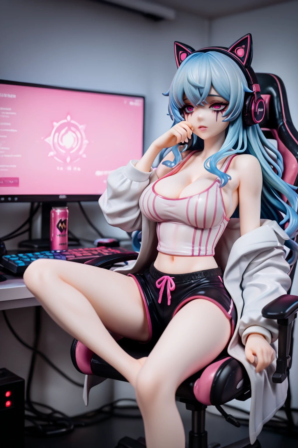 A BEAUTIFUL WOMAN IN THE BEDROOM GAME SOFT LIGHT 8K NEON BEAUTIFUL WHOLE BODY IN TOP 8K IMAGE WITH NEON PC CHAIR
