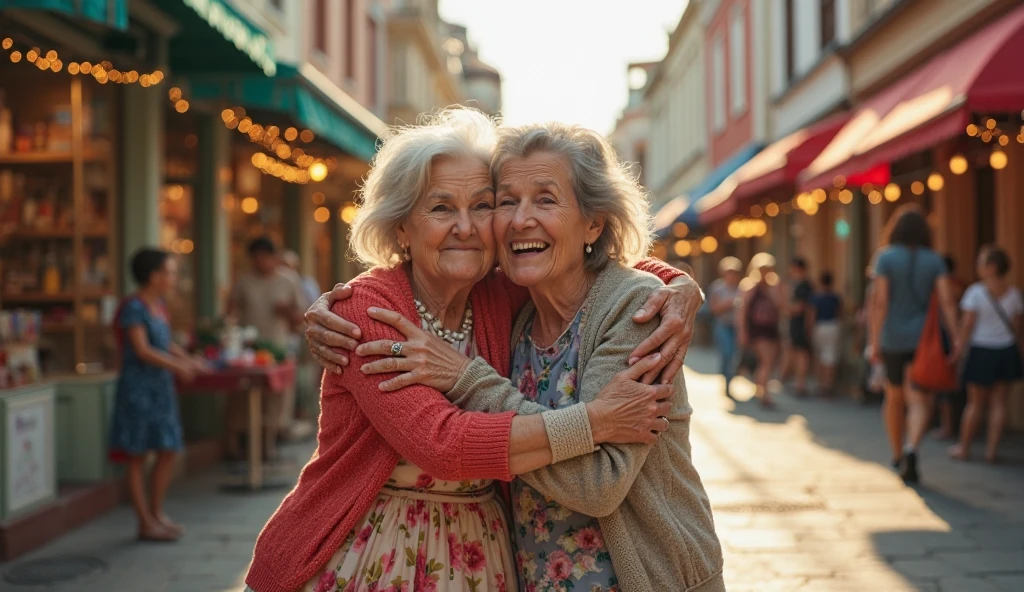 Create an image depicting happy people of European descent in various settings: amidst beautiful nature and in modern cities. Show joyful children, grandmothers, and elderly people, expressing love, joy, and happiness. It's important to convey an atmosphere of harmony and warmth. Include bright and vibrant colors to emphasize the positive emotions and life energy.