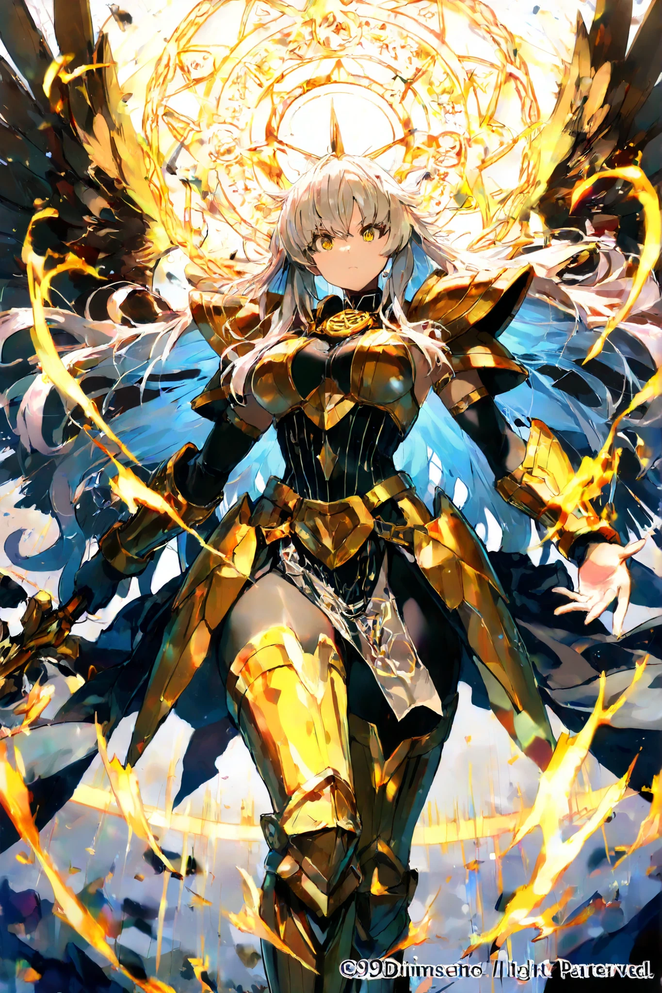 Highest Quality, Super Precise Depiction, Artistic Masterpiece, Lv.999, god々Immense Dignity, Highest Magical Crystal, Gaze of Transcendent, Perfect Physical Beauty, Overwhelming Presence, Legendary Armor in Black and Light Blue, god秘的な水色の輝きを放つ鎧, energy line pulsating in light blue, Masterpiece-grade Geometric Pattern, black basket hand, Ultimate Magical Particles that float, Legendary Slayer of Gold《god碧砕》, The Magical Power Pattern, Manipulate freely with one hand, 999's intimidating aura,  vast plains , Prairie Flickering with Warrior Power, that resonates greatly with magic Earth, 遠方のgod々Shiny mountains, 夕陽が織りなすgod秘的な光景, Lv.Ancient Magic Circle Engraving, Earth-shaking Presence, The Ultimate Magical Particle that drifts, god々A beautiful halo effect, Overwhelming Warrior Pose