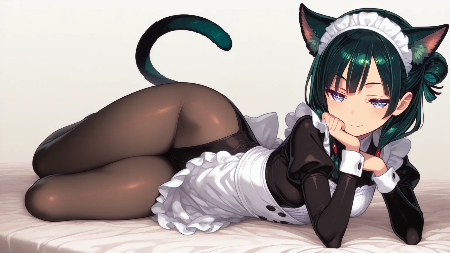 score_9,score_7_up,jeloprivatymaid,solo,twintails,aqua hair,maid headdress,back view,bent over,cat tail,cat ears,hair bow,hair ribbon,hairclip,detached collar,bow,neck bell,ass,white panties,garter straps,white thighhighs,white gloves,elbow gloves,blush,surpised face,open mouth,looking back,<lora:PrivatyUnkindMaid-JeloXL-000008:1>,