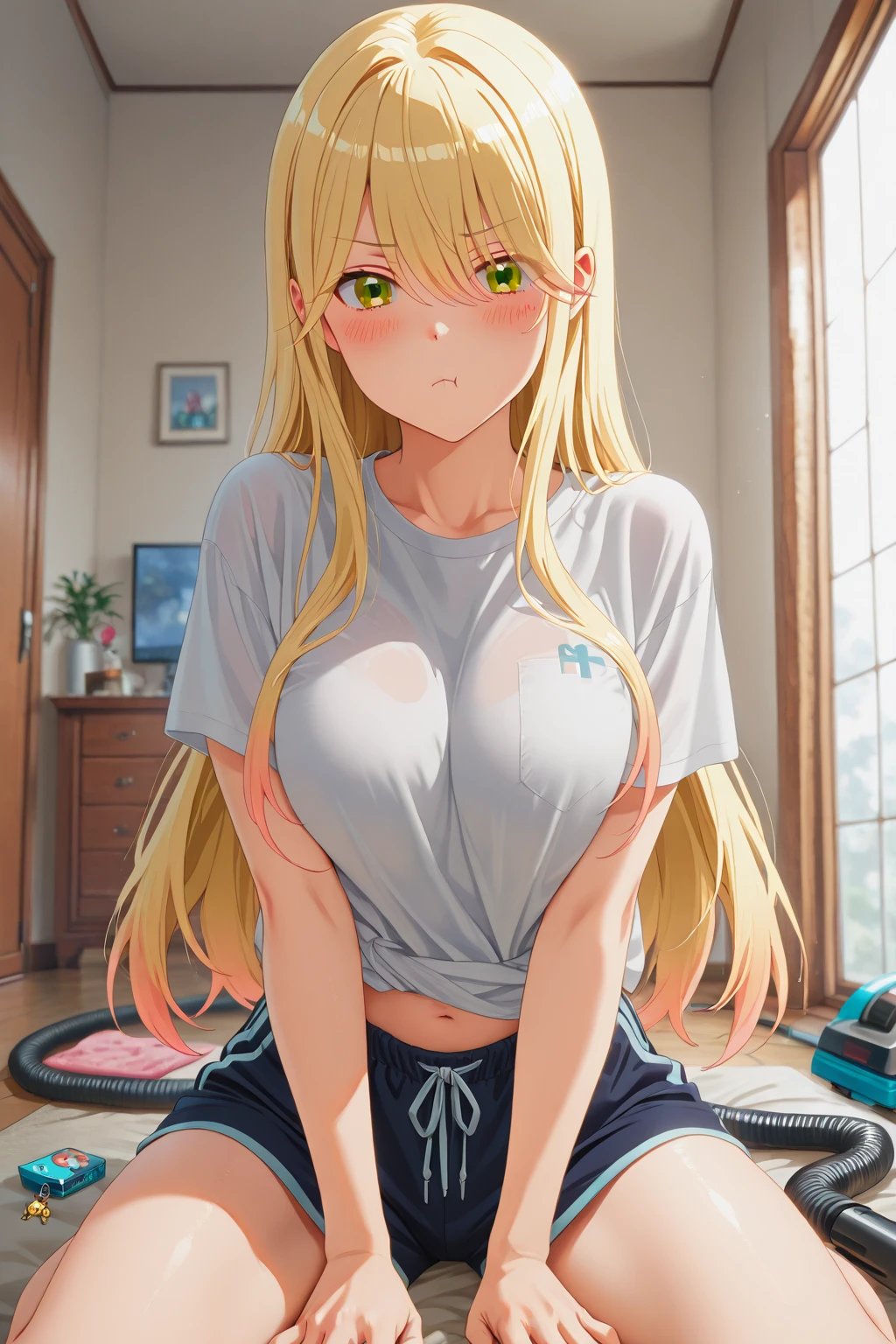 woman thin, pans jogger, blondy hair, blue eyes, busty. Yellow top