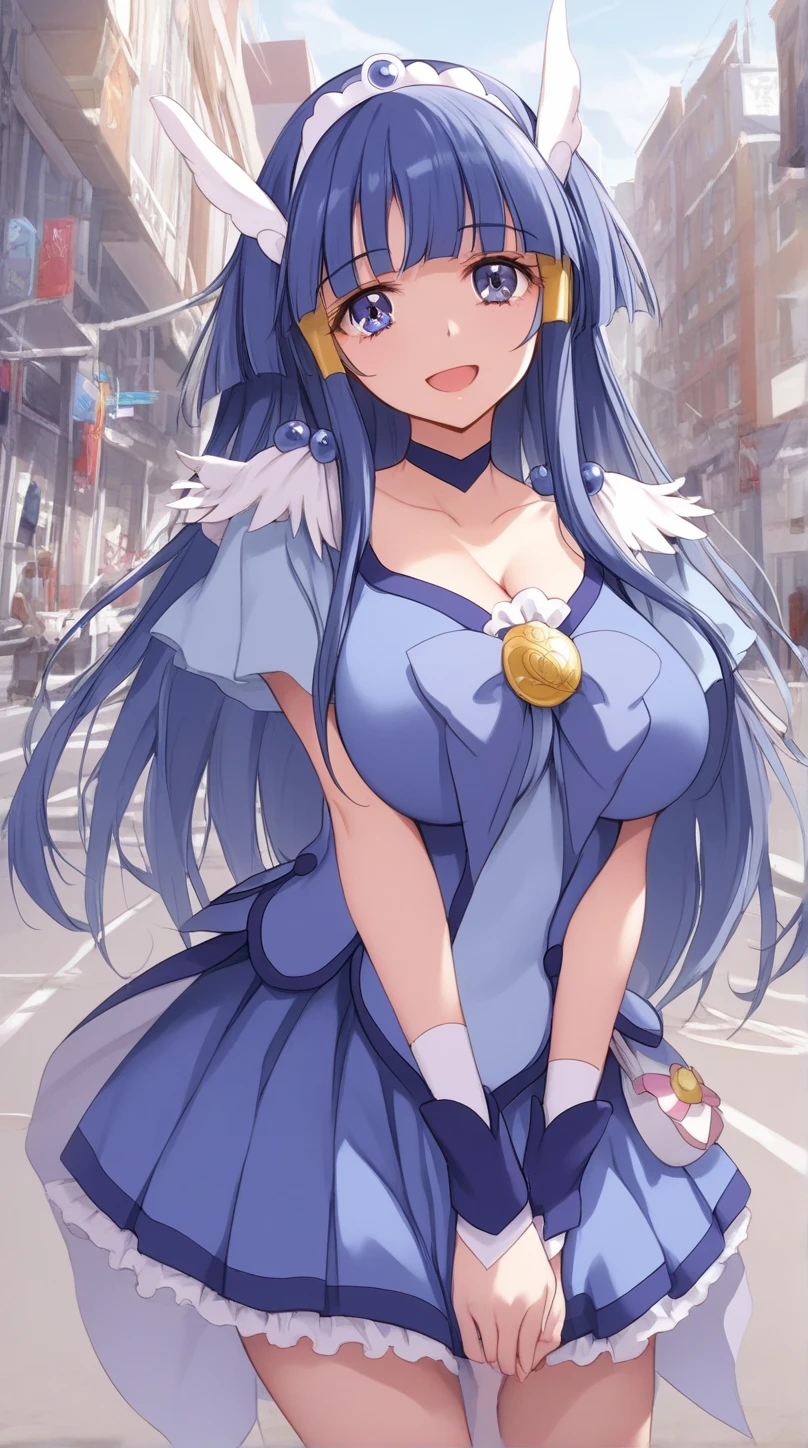 solo, 1girl, ksaqua, grin, looking at viewer, hair rings, blue shirt, bow, detached sleeves, skirt, thighhighs, bare shoulders, outdoors, city street ,show tits,free the nipple,show tits,show ass