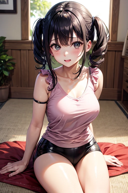 Photorealistic, High resolution, 1 woman, Hips up high illustration enlargement、Beautiful eyes, Ringed Eyes, Brown Short Hair ,High 、green dress shirt, No skirt、Short tie,White underwear,Squatting, Spread legs,Camel toes(NSFW:1.5), (1 completely nude girl:1.5), Masterpiece, Best quality, amazing beauty, [[3D]], 4K, absurdres, finely detail, super detailed eye, perfect anatomy, official art, cinematic lighting, BREAK, bathroom, silky medium long hair, long braid, blunt bangs, black hair, super shiny detailed brown eyes, tsurime, thick eyebrow, Staring Intently, close-mouth, embarrassed, BREAK , usually, medium, white skin, legs spread, BREAK ,()
