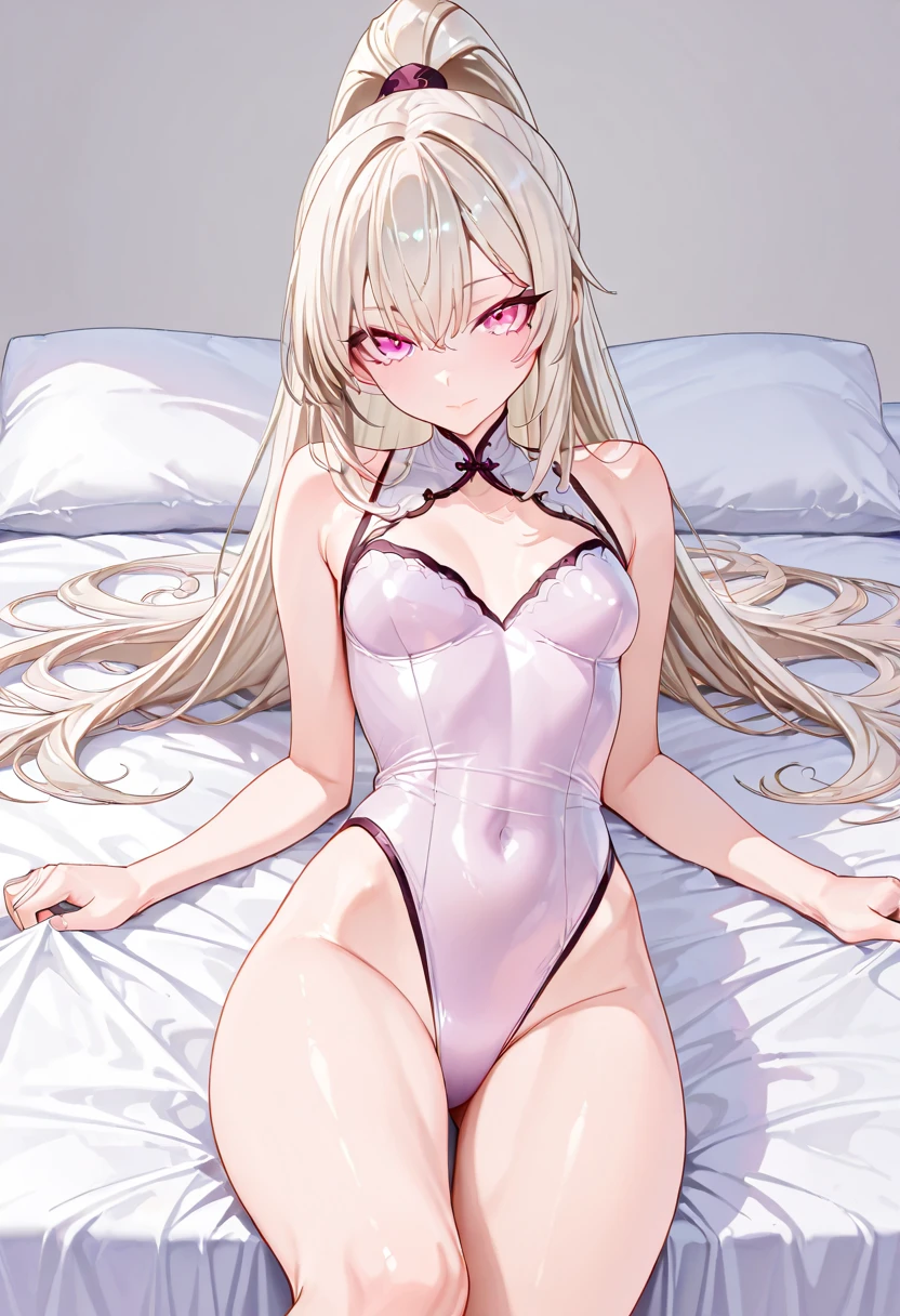 Female corrin, shiny_dress, pink_silk_glossy_fabric, skinny, thin_legs, white_lace, nightwear, glossy_fabric, shiny, short_dress, cleavage, green_eyes, glossy_fabric, long_hair, hairband, skinny, bedroom, gentle_smile, blushing, beautiful, female, high resolution, 8k