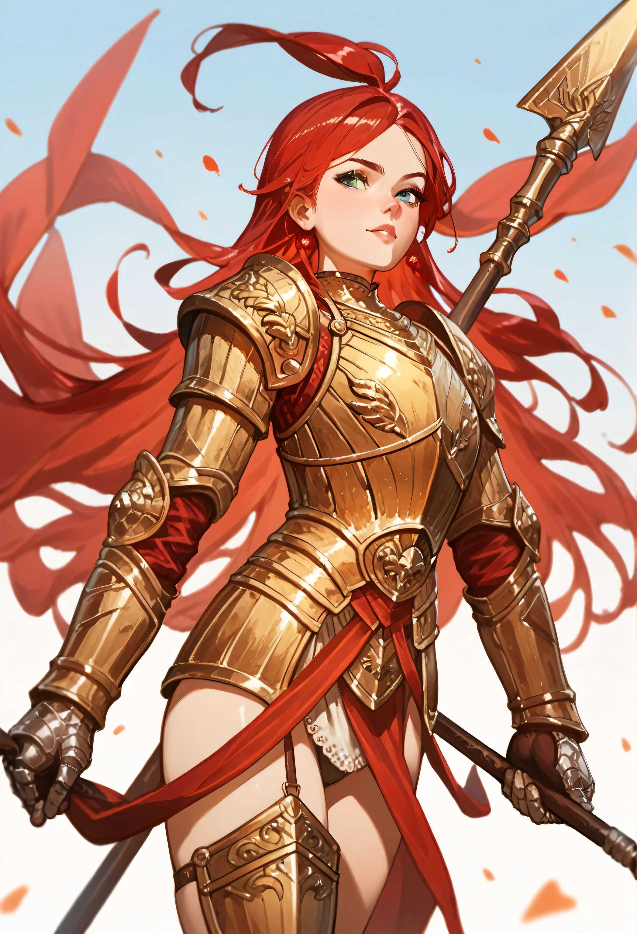 Girl, red hair, golden armor,long spear,