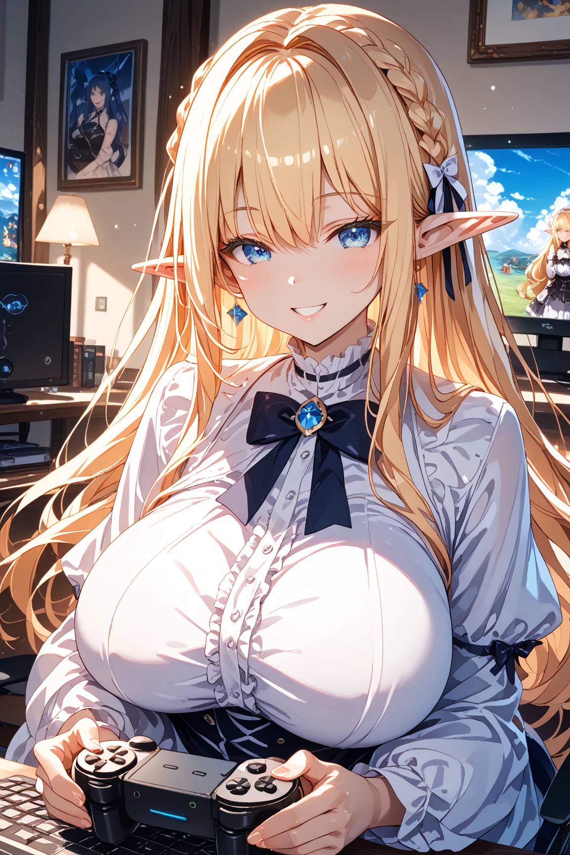 (Night:1.7), a room with a couch, paintings and a door in it's center wall and a checkered floor, blurry, indoors ((Sitting at attention)) (Sitting on_couch:1.5),Beside Table, bare_shoulders, white_gloves,dress, elbow gloves, white dress, pointy ears, elf, jewelry, blonde_hair,hair_between_eyes, jewelry, long_hair, long_pointy_ears, high ponytail, hair_ornament,blue_flower,Blue_Eyes, 1 girl, 20yo,Young female,Beautiful Finger, beautiful long legs, beautiful body,Beautiful Nose,Beautiful character design, perfect eyes, perfect face,expressive eyes, ((looking_at_viewer)),(Upper_body),(Focus on her face), official art, extremely detailed CG unity 8k wallpaper, perfect lighting,Colorful, Bright_Front_face_Lighting, shiny skin, (masterpiece:1.0),(best_quality:1.0) ultra high res,4K,ultra-detailed, photography, 8K, HDR, highres, absurdres:1.2, Kodak portra 400, film grain, bokeh:1.2, lens flare (beautiful, large Breasts:1.4) (beautiful face:1.5) (narrow waist)