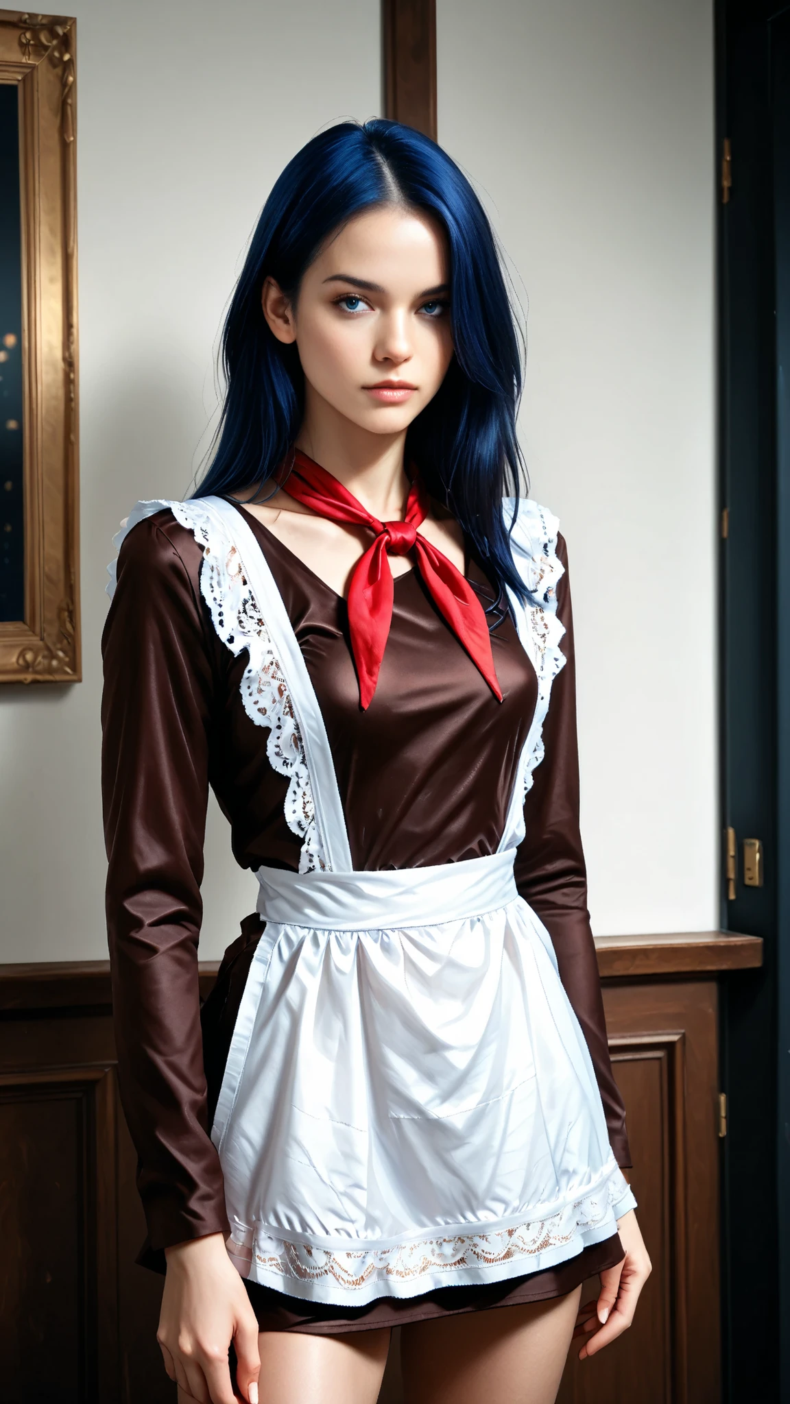 score_9, score_8_up, score_7_up, score_6_up, 8k, high detailed picture, realistic style, masterpiece, very young girl, small perfect breasts, torpedotits, (thin, slender, narrow shoulders and hips, anorexic girl, slender legs and arms), blue_eyes, hair over one eye, blue_hair, long hair, 16k, masterpiece, realistic style, perfect fingers, tomboy, CyberRealistic_Negative_PONY_V2, very sexy dress, dressed like (microdress, very tight, sovsh_uniform, lace apron, red neckerchief, dark brown dress, long sleeves, white ) , very tight dress, bursting breasts