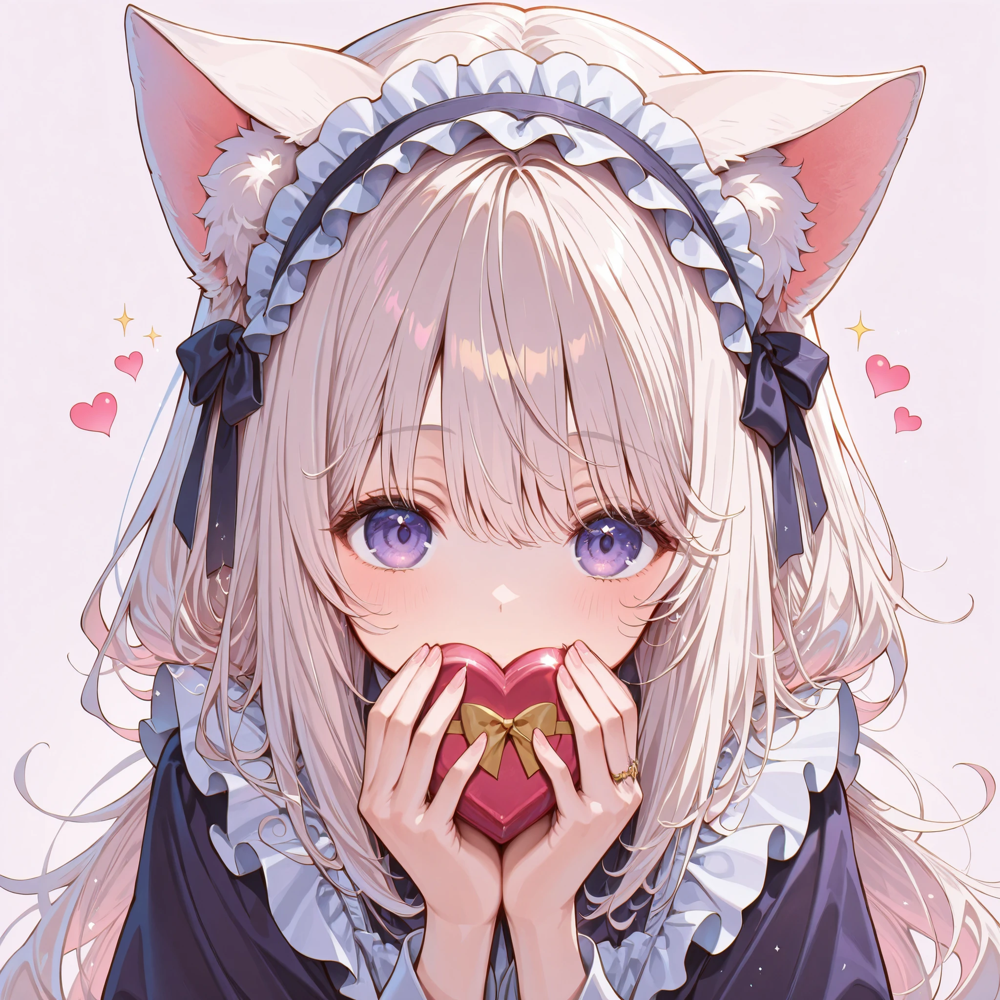 masterpiece, Highest Quality, Great Quality, middle hair, pink and white hair ,purple eyes, solo, hearts、sparkle、sparkle、reality、Thinning、Cat ears、detail、Thinning、high resolution、1 person、Without hands、solo、1 personの全身、simple background、