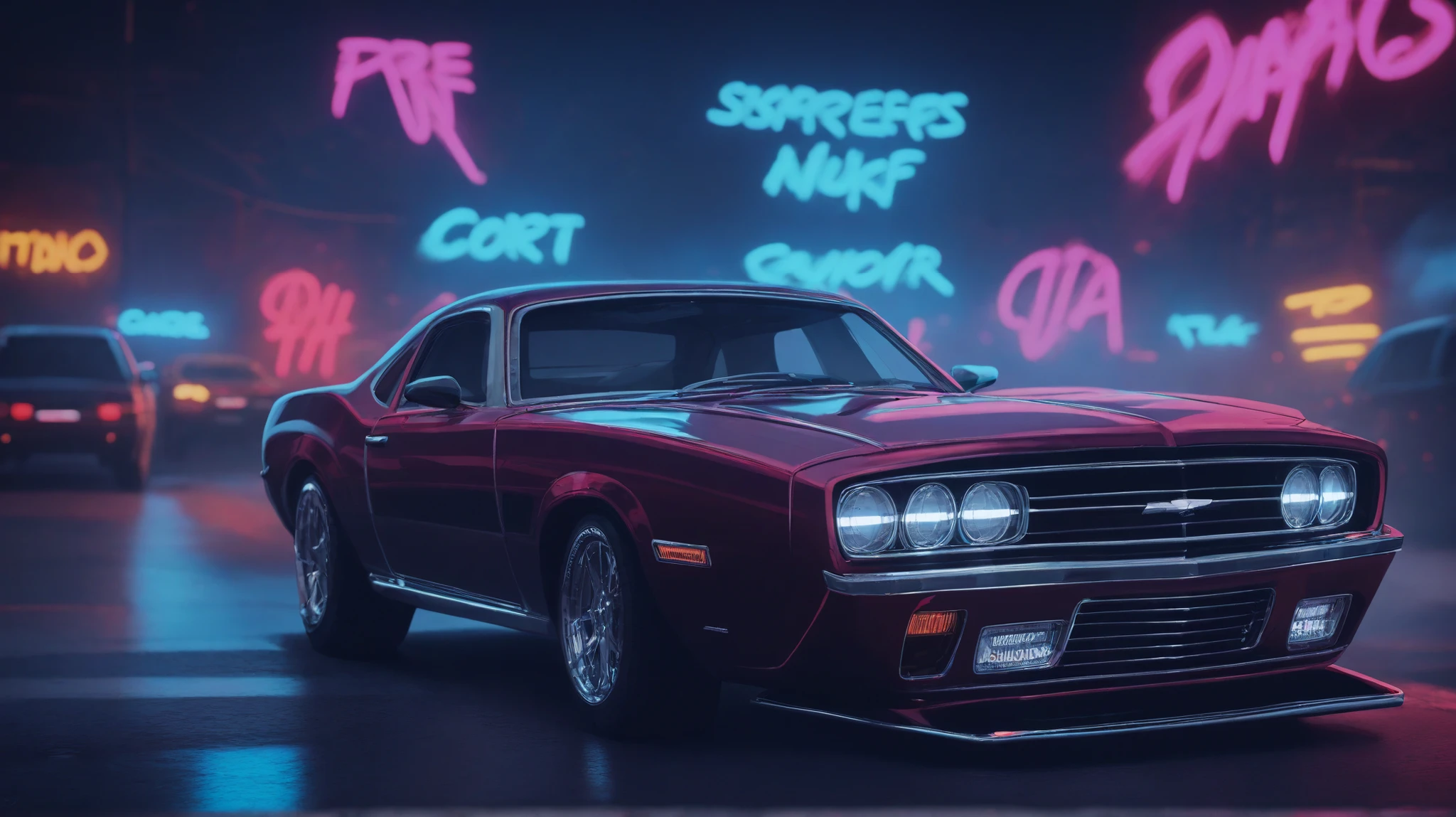 American rap music video scene, ambiance urbaine nocturne, streets lit by neon lights, big luxury cars (Cadillac, Dodge Charger, Chrome SUVs) parked and lined up, rappers dressed in oversized streetwear with gold chains and caps, attitude confiante, colorful graffiti on the walls, smoke and red light/blue neon lights reflecting on bodies, ultra-realistic cinematic style, plan large, 8K, dramatic depth of field.