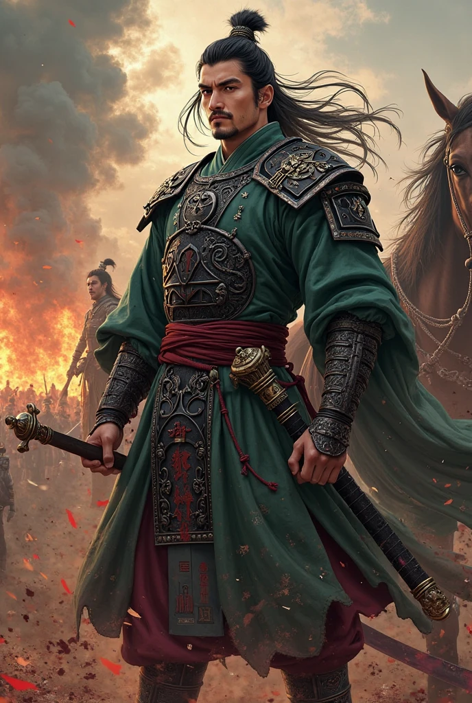 (Best Quality:1.2), (high resolution:1.2), (beautiful face and eye:1.2), (sharpest focus:1.2), (Ultra-realistic Photo:1.2), (Ultra-precise Photo:1.2), (Depth of field:1.2), (perfect :1.2), (nice hands:1.2), (perfect hands:1.2), 
(A long spear with a long curved blade with ornate decoration:1.2), (A green, spacious gusoku:1.2), (A young, fearless, beautiful and imposing Chinese man:1.0), (A Chinese warrior with an imposing physique:1.2), 
(A shiny, beautiful, very long and  black beard:1.2), (Small green hat:1.2), (Dignified okay in front of a large, aligned herd:1.2),  (A vast, dusty desert:1.0), (A languid expression:1.0), (Standing with dignity:1.2), 