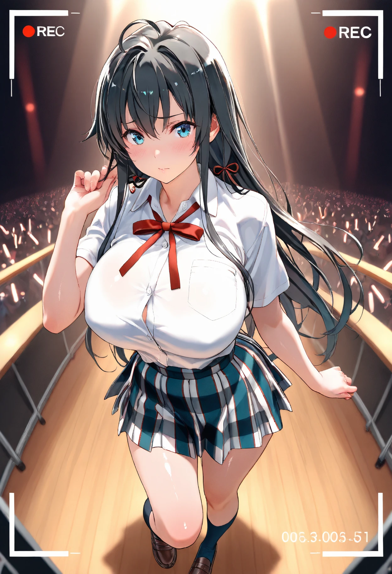, long hair, dark purple hair, purple eyes, 16years old,,, large breasts, live stage, , solo ,nipple,Blazer uniform, Blazer skirt