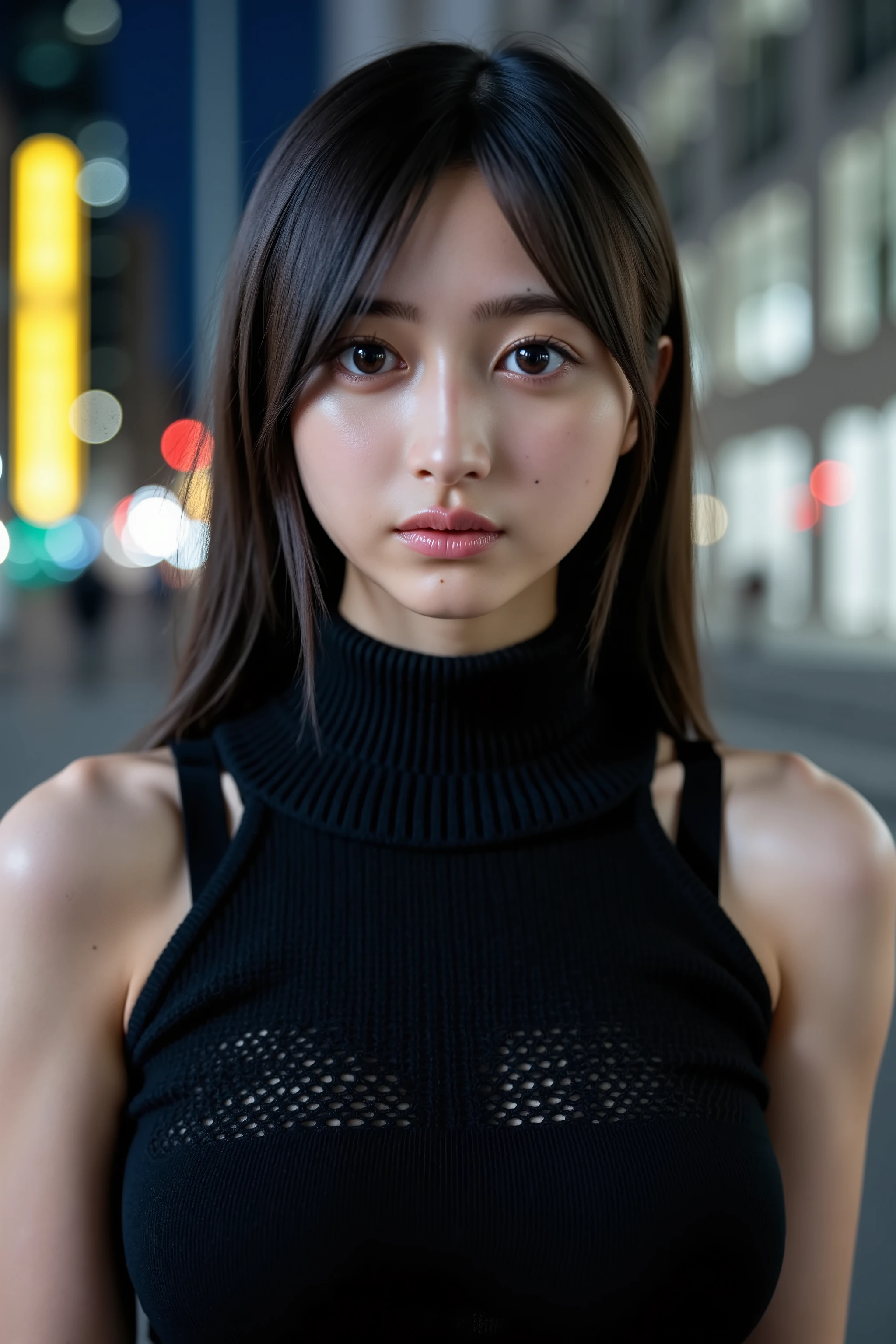big breasts, 32k, (masterpiece:1.2, Highest quality, Ultra-high resolution, Super detailed), top quality, cute girl, fair skin, neutral expression,
sharp focus, blurred background, looking at viewer, (Wearing a turtleneck sweater, black knit, cut out chest, sleeveless),
Healthy thighs, Healthy build,
BREAK
1girl, (beautiful girl, delicate girl: 1.3), detailed face,
(natural lighting), very fine grain definition, (symmetrical eyes: 1.3), Skyscrapers, night, neon, reflecting light, glass windows,
black eyes, bangs, black hair, (eye and face detail: 1.0), (focus on face: 1.0),