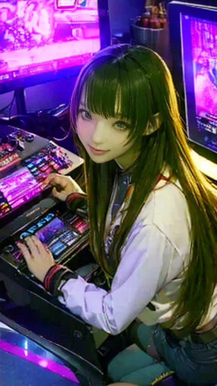 Intricate anime scene of kawaii magical girl hacker magically controlling and hacking a emerald — lit magical computer — style scenic, Anime Style -s 225