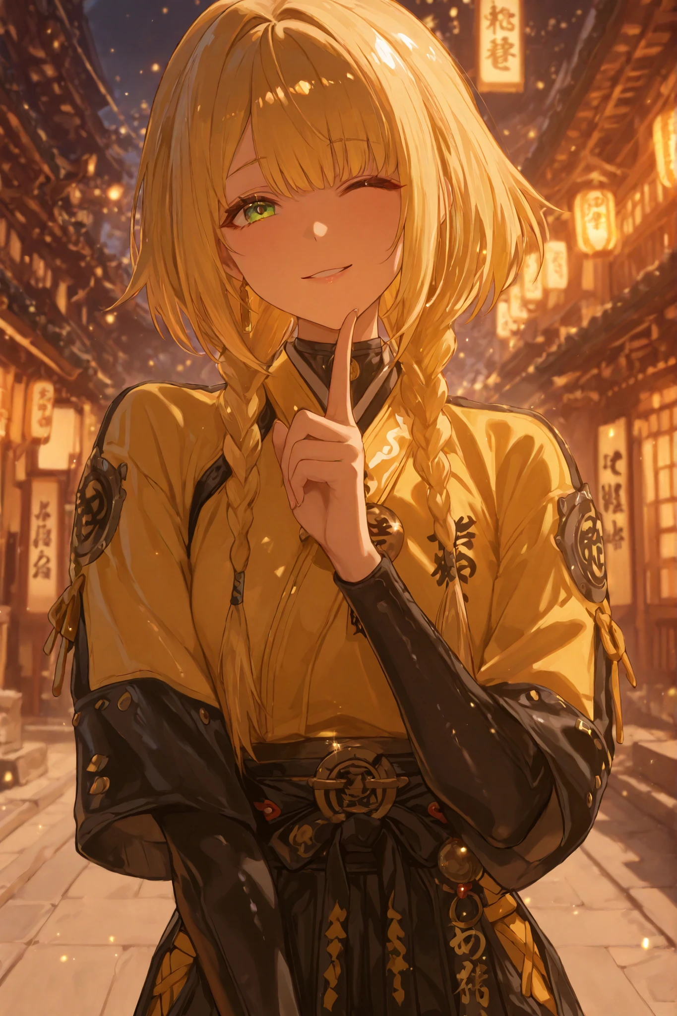 A vibrant anime-style illustration depicts a young woman with shiny gold hair styled in braids that flow vigorously behind her. Her fringe is nicely cut across her forehead, and she uses a playful expression, blinking with your green eyes as you raise your hand in a cheeky gesture. Ela She is dressed in yellow and black clothing that recalls a traditional Japanese martial arts uniform, embellished with intriguing patterns and elements, such as shoulder protectors and ornate seams. A Japanese kanji badge adorns her chest, adding cultural depth. The background presents an urban street scene with traditional architecture, suggesting a mix of modern anime with historical influences. The lighting is bright and cheerful, creating a lively and dynamic atmosphere. Your expression and clothing convey a sense of confidence and confidence youthful enthusiasm, personagem Ju fufu