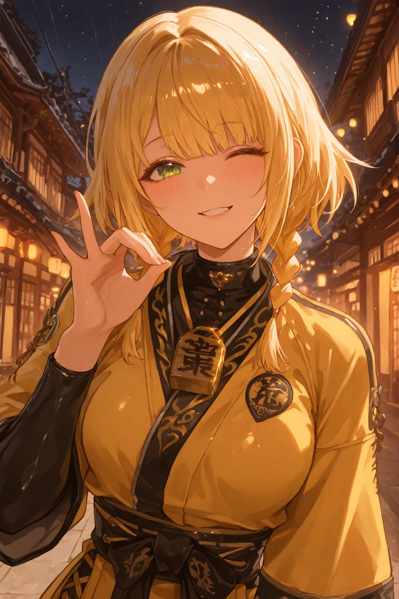 A vibrant anime-style illustration depicts a young woman with shiny gold hair styled in braids that flow vigorously behind her. Her fringe is nicely cut across her forehead, and she uses a playful expression, blinking with your green eyes as you raise your hand in a cheeky gesture. Ela She is dressed in yellow and black clothing that recalls a traditional Japanese martial arts uniform, embellished with intriguing patterns and elements, such as shoulder protectors and ornate seams. A Japanese kanji badge adorns her chest, adding cultural depth. The background presents an urban street scene with traditional architecture, suggesting a mix of modern anime with historical influences. The lighting is bright and cheerful, creating a lively and dynamic atmosphere. Your expression and clothing convey a sense of confidence and confidence youthful enthusiasm, personagem Ju fufu