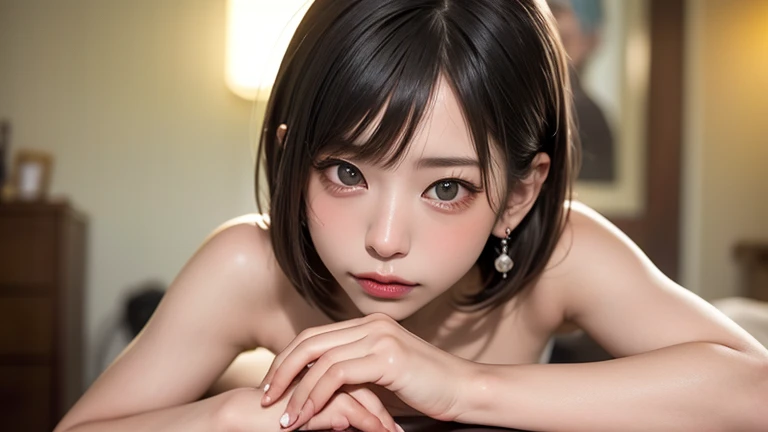 (masutepiece), (Piece of art), (Amazing work), (Detailed eyes), (Delicate skin), (heterochromatic eyes), (Multicolored), (short white hair with bangs), (Sparkling eyes), (1girl in) NSFW,Navel,Naked,C cup breasts、Smooth skin、Slender body、 masutepiece, Best Quality, The best Desinger, top-quality、8k picture、Upper body image